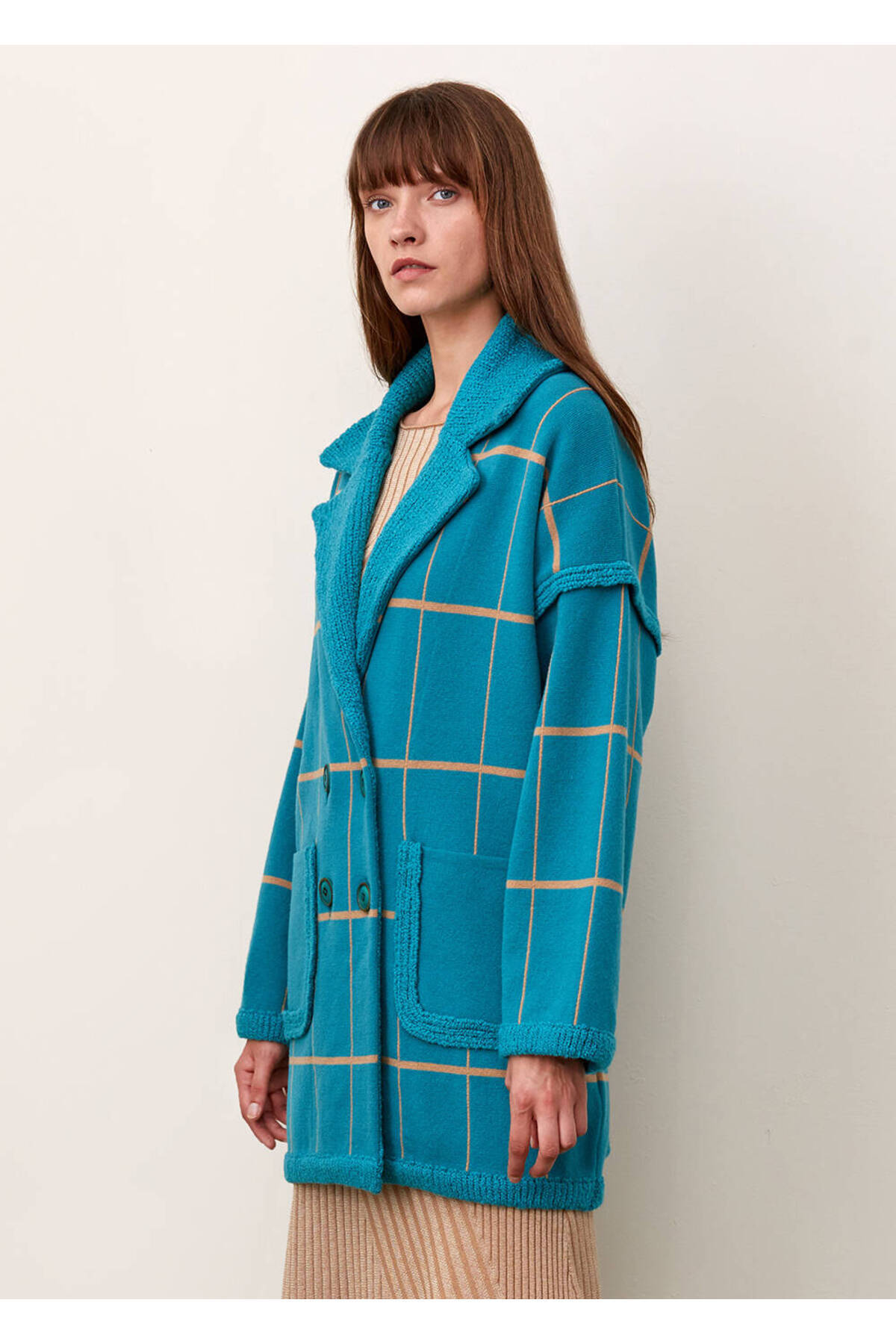 Knitss  Çizgi Desenli Yün Turkuaz Triko Palto - Görsel 4