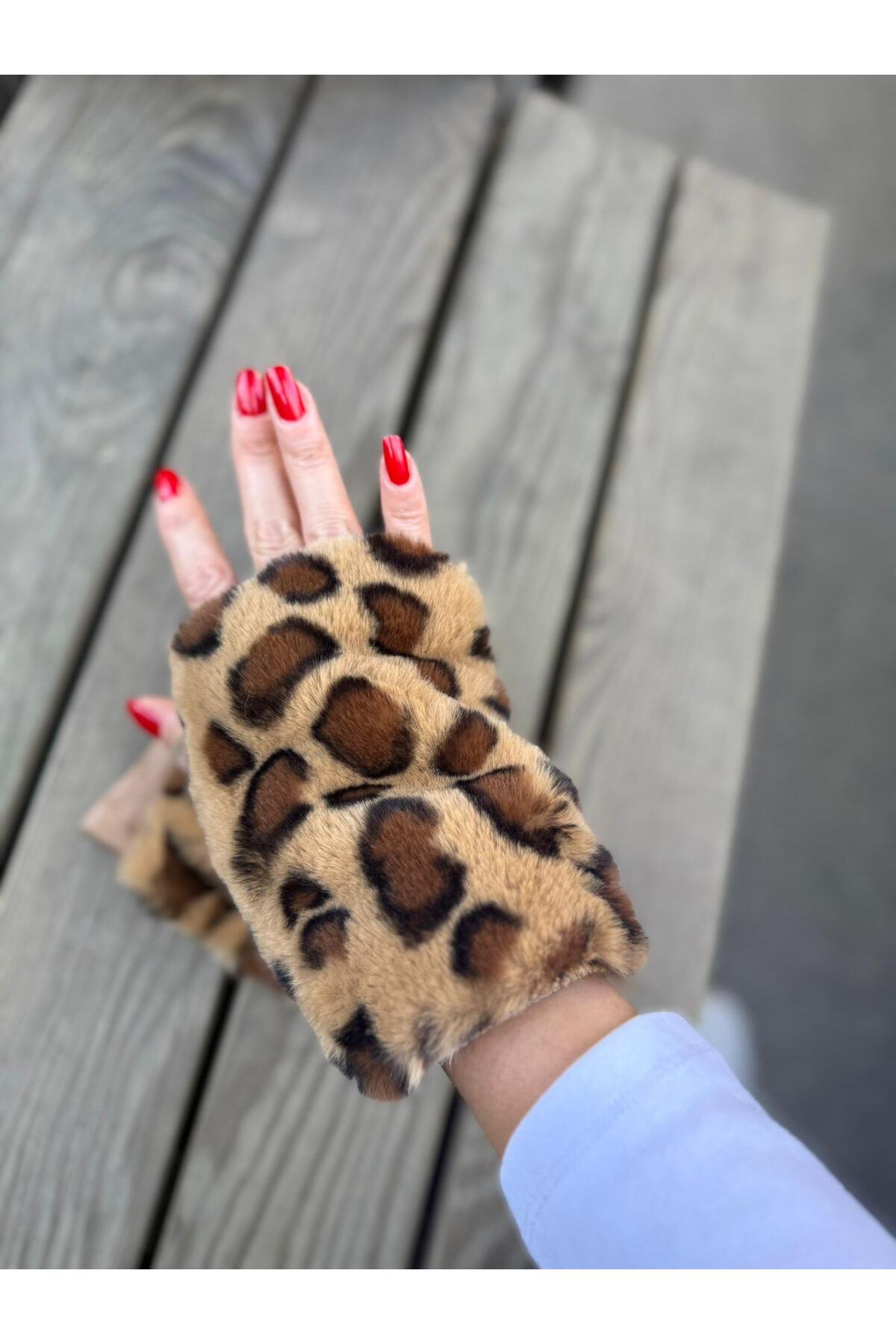 Axesoire 16043 Leopar Desen Peluş Vizon Kesik Eldiven görsel 2