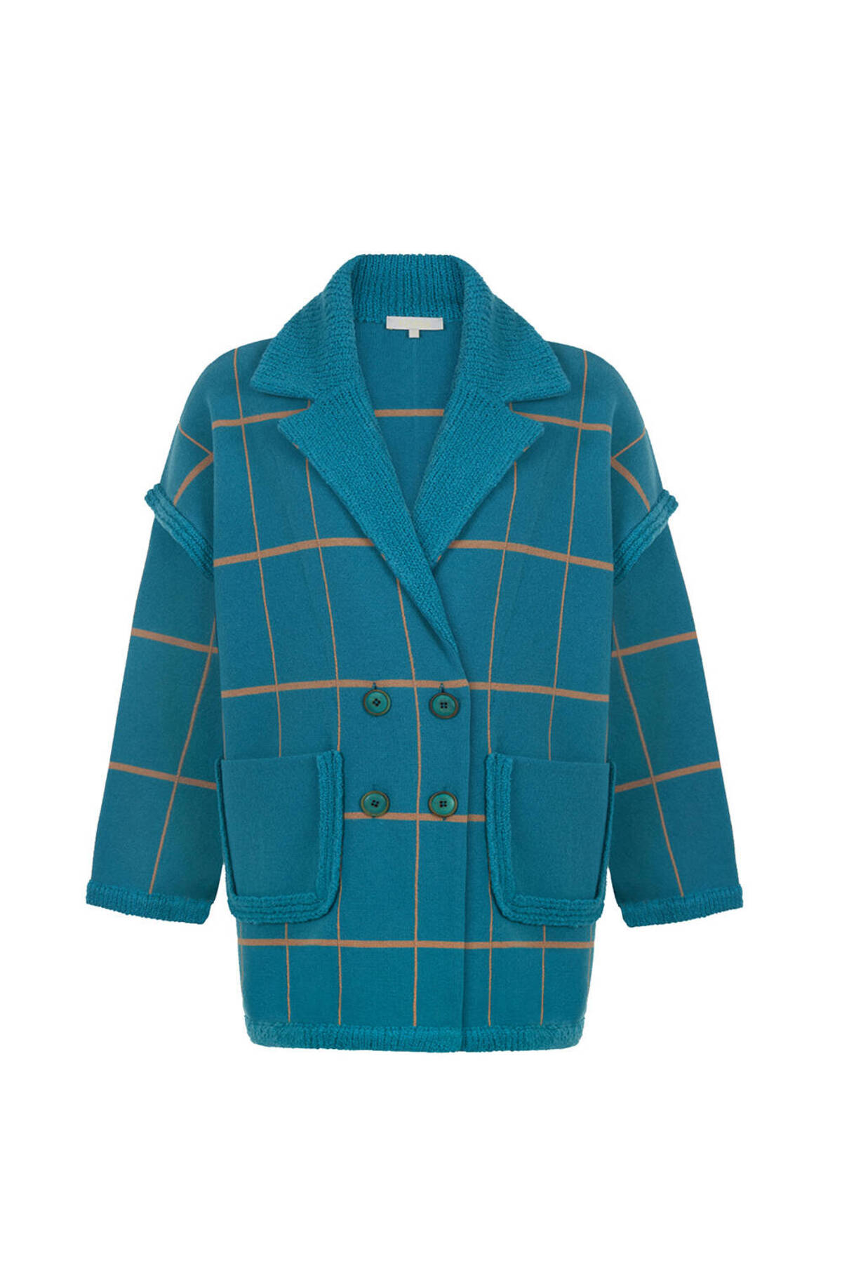 Knitss  Çizgi Desenli Yün Turkuaz Triko Palto - Görsel 8