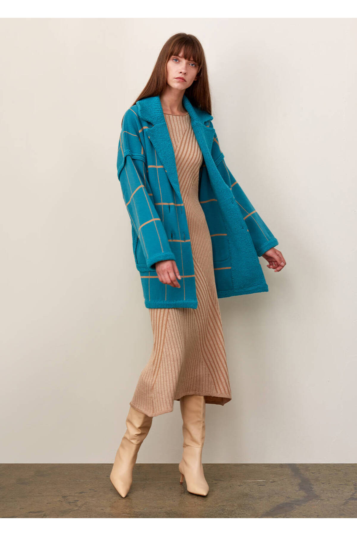 Knitss  Çizgi Desenli Yün Turkuaz Triko Palto - Görsel 2