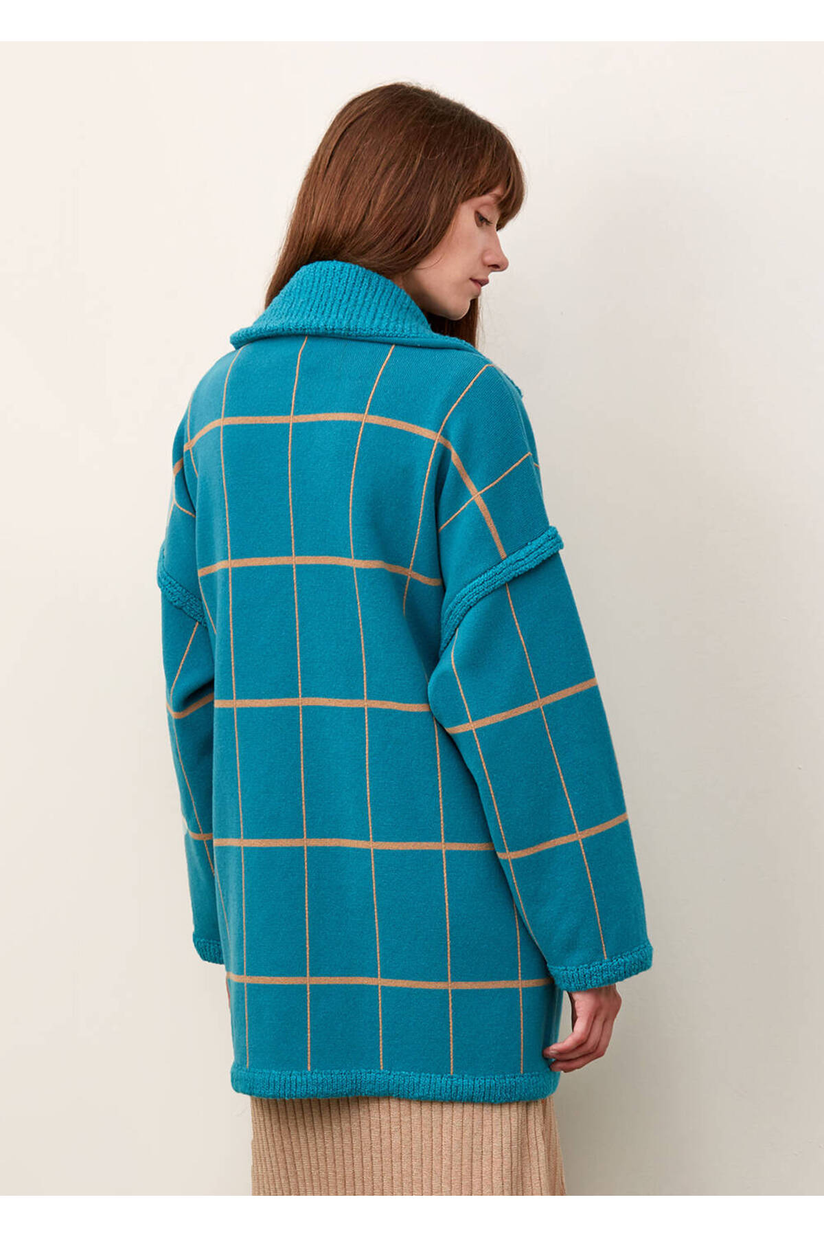 Knitss  Çizgi Desenli Yün Turkuaz Triko Palto - Görsel 3