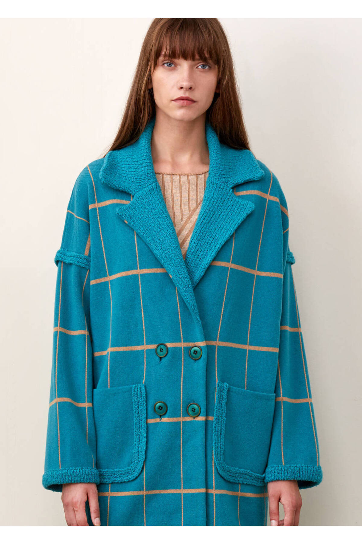 Knitss  Çizgi Desenli Yün Turkuaz Triko Palto - Görsel 6