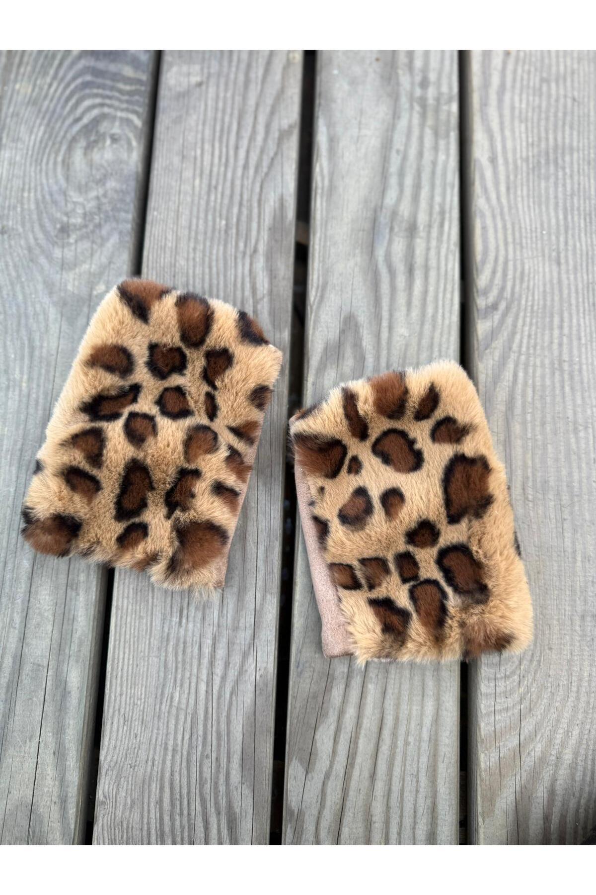 Axesoire 16043 Leopar Desen Peluş Vizon Kesik Eldiven görsel 3