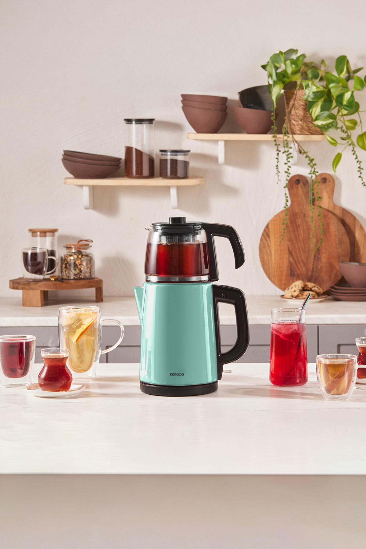 Karaca Tea Glass 2 In 1 Çelik Çay Makinesi Ve Kettle Blue Mist