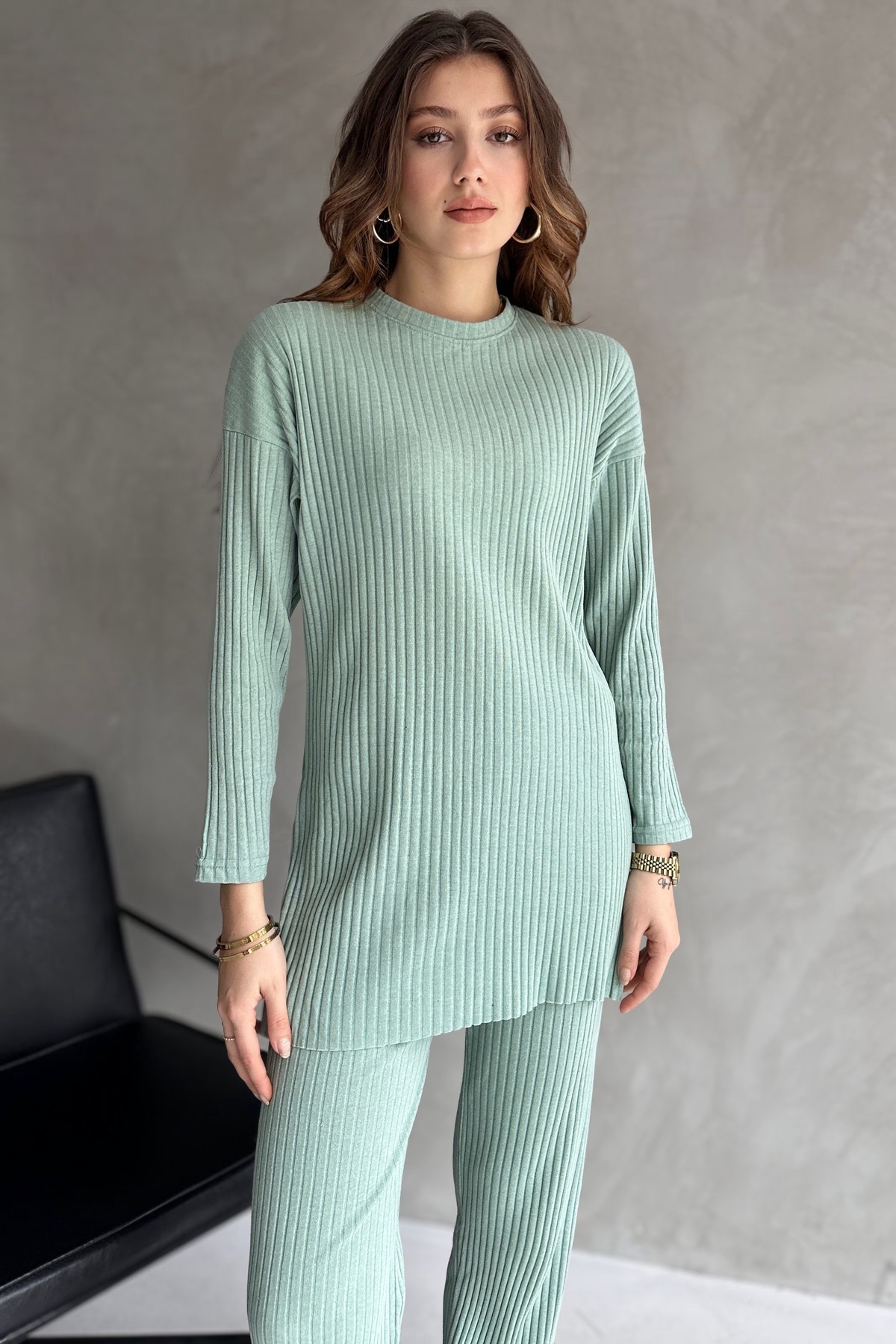 EYYE Çağla zöld pamut bordázott női blúz nadrág kétrészes szett