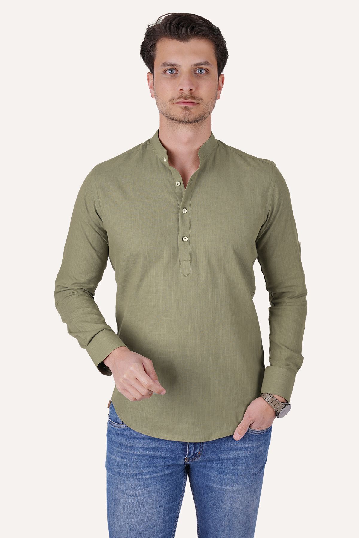 Etikmen  Haki Hakim Yaka Keten Üç Düğmeli Erkek Gömlek - Görsel 5