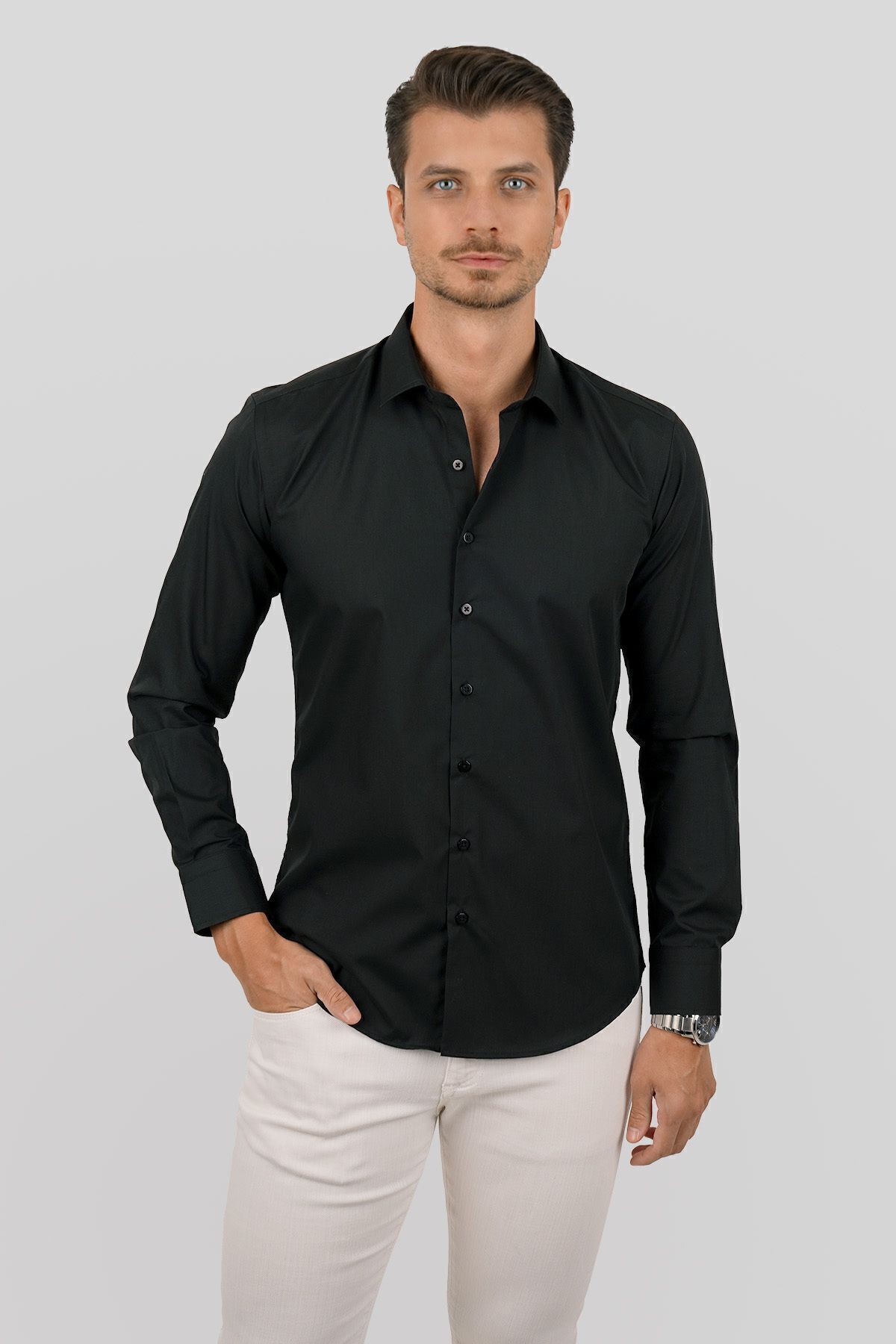 Etikmen  Kolay Ütülenebilir Siyah Dakron Erkek Gömlek - Görsel 5