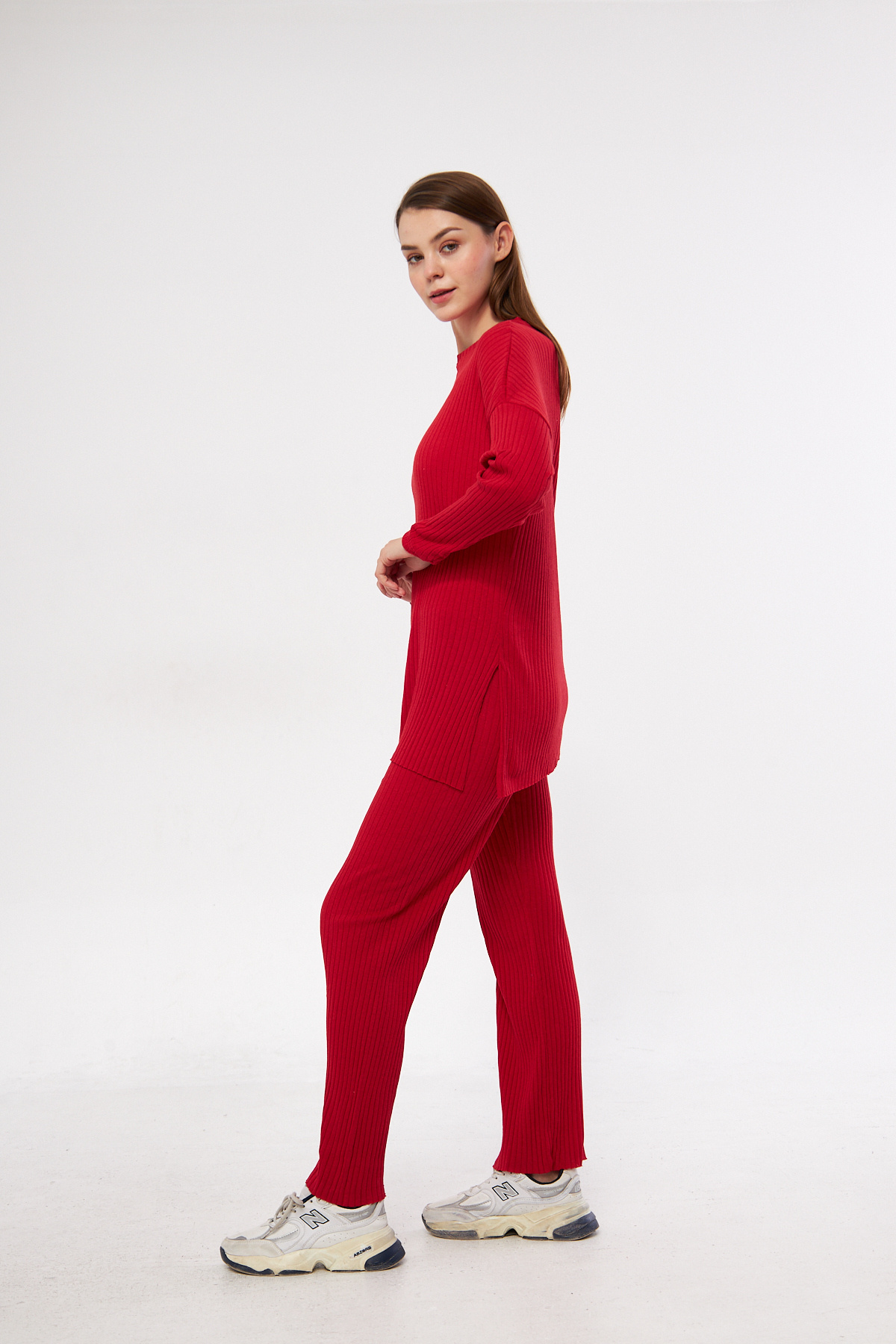 EYYE Piros pamut bordázott női blúz nadrág kétrészes szett