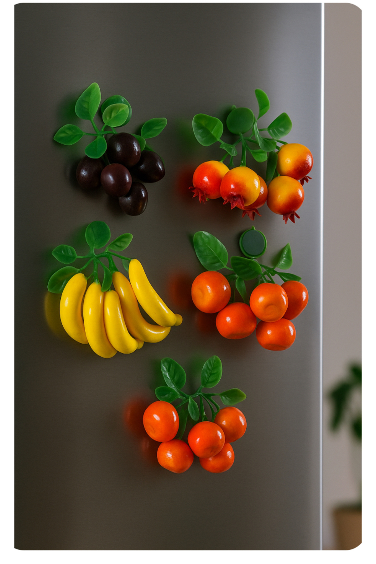 Home Yapay sebze meyve dekor magnet 4lü set nar,mandalina,şeftali,kiraz,biber,çilek karışık