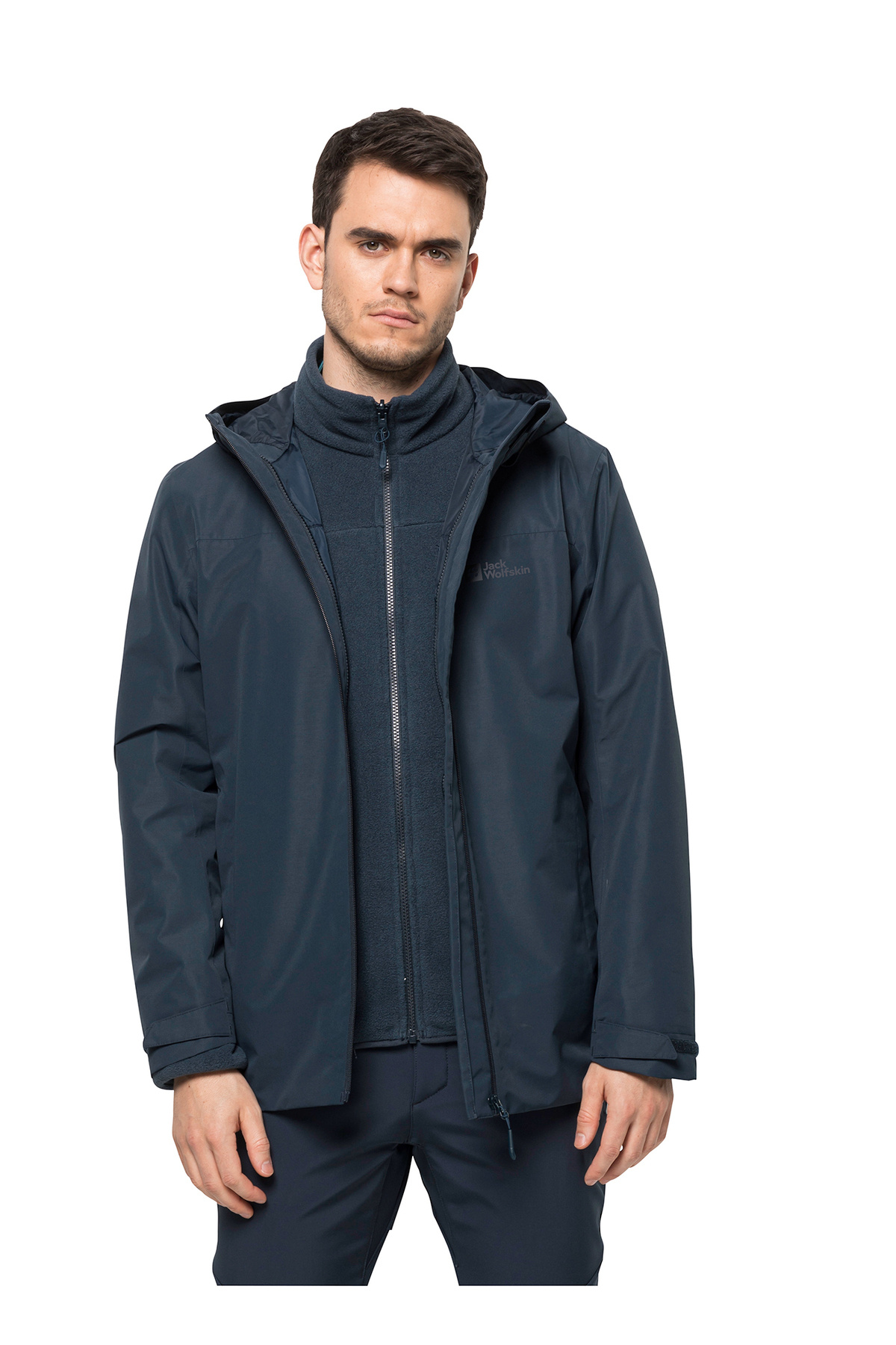 جک ولف اسکین ژاکت زیپی زیپ دار مردانه کلاهدار 1115311-1010 TAUBENBERG 3IN1 JKT M