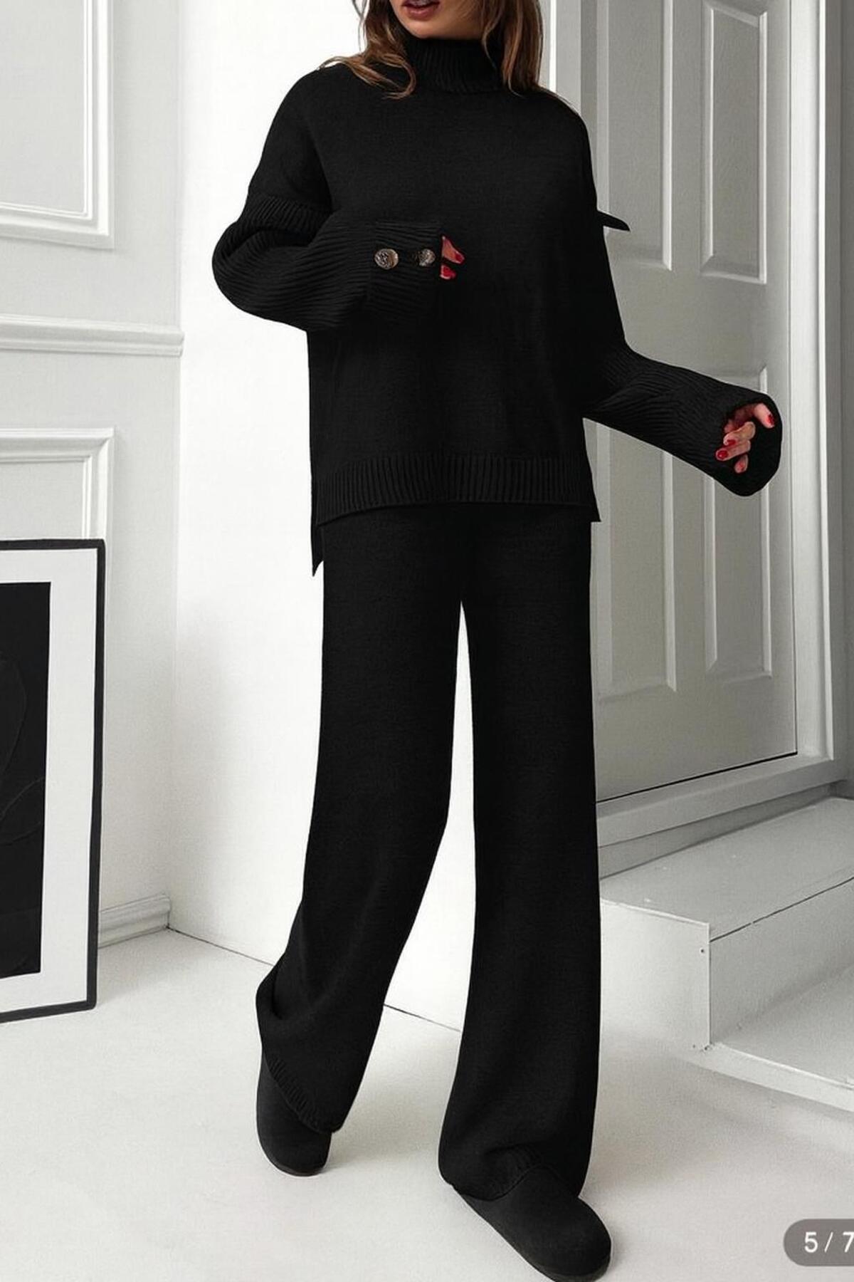 peri tower НОВ СЕЗОН Палто с яка с копчета Детайли Оверсайз пуловер-панталони Плетен комплект от горна и долна част 0034