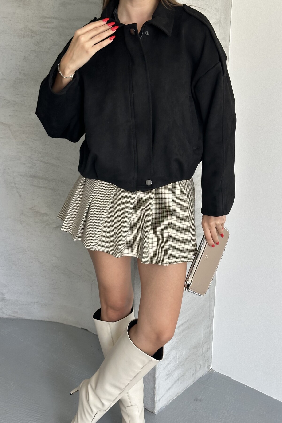 moda armanc  Kadın Oversize Süet Bomber Ceket - Yeni Sezon Deri Trend Ceket - Görsel 6