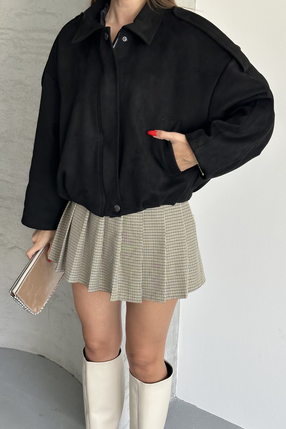 moda armanc  Kadın Oversize Süet Bomber Ceket - Yeni Sezon Deri Trend Ceket - Görsel 5