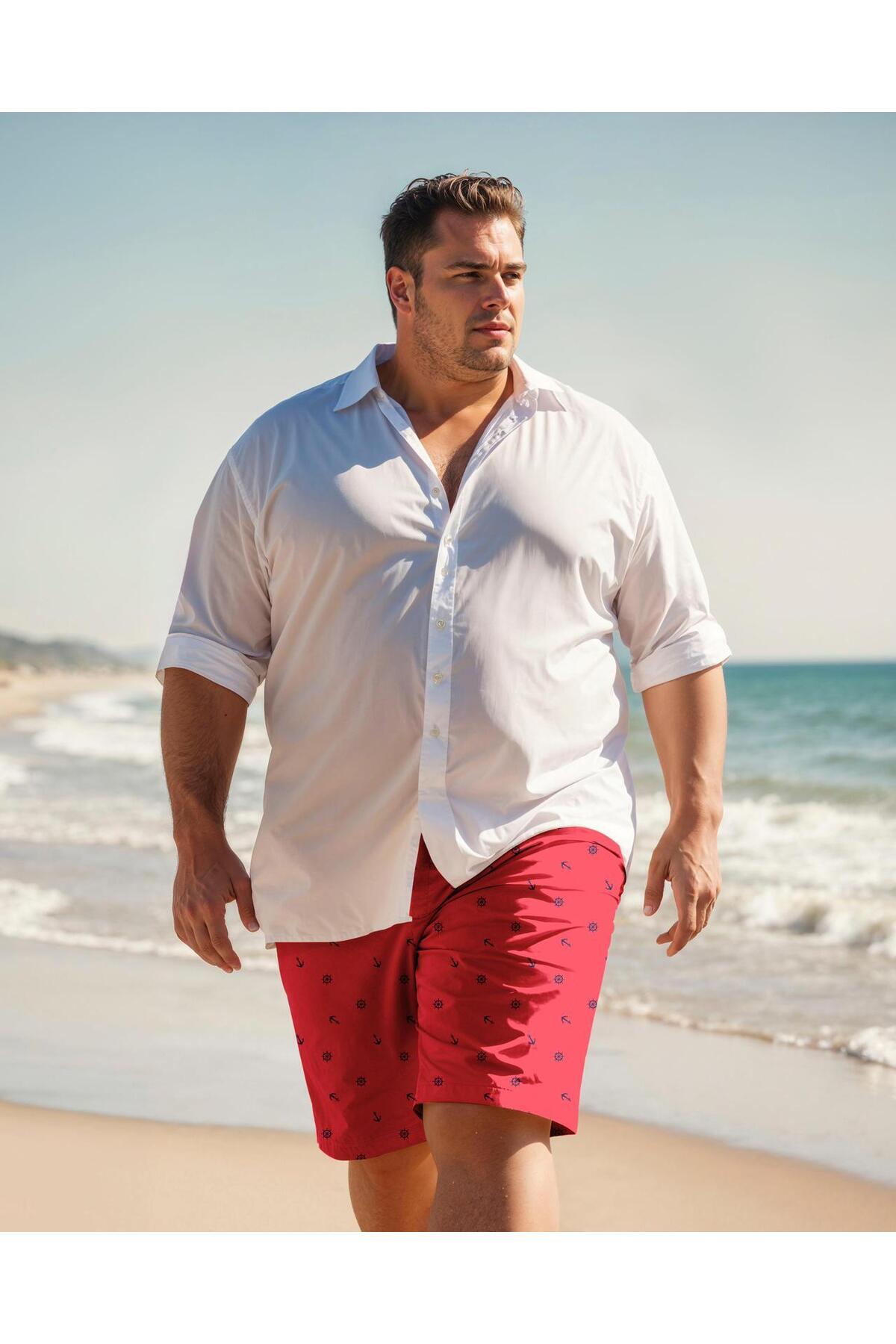 Miami Beach Men's Plus Size Red Marine Printed Standard Size Swimsuit Sea Shorts