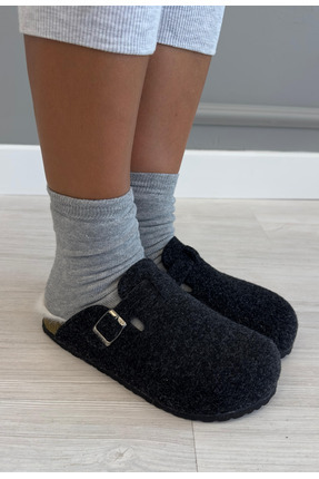 Lemoors Matilda Ortopedik Taban İçi Peluş Tüylü Sabo Terlik Siyah Renk