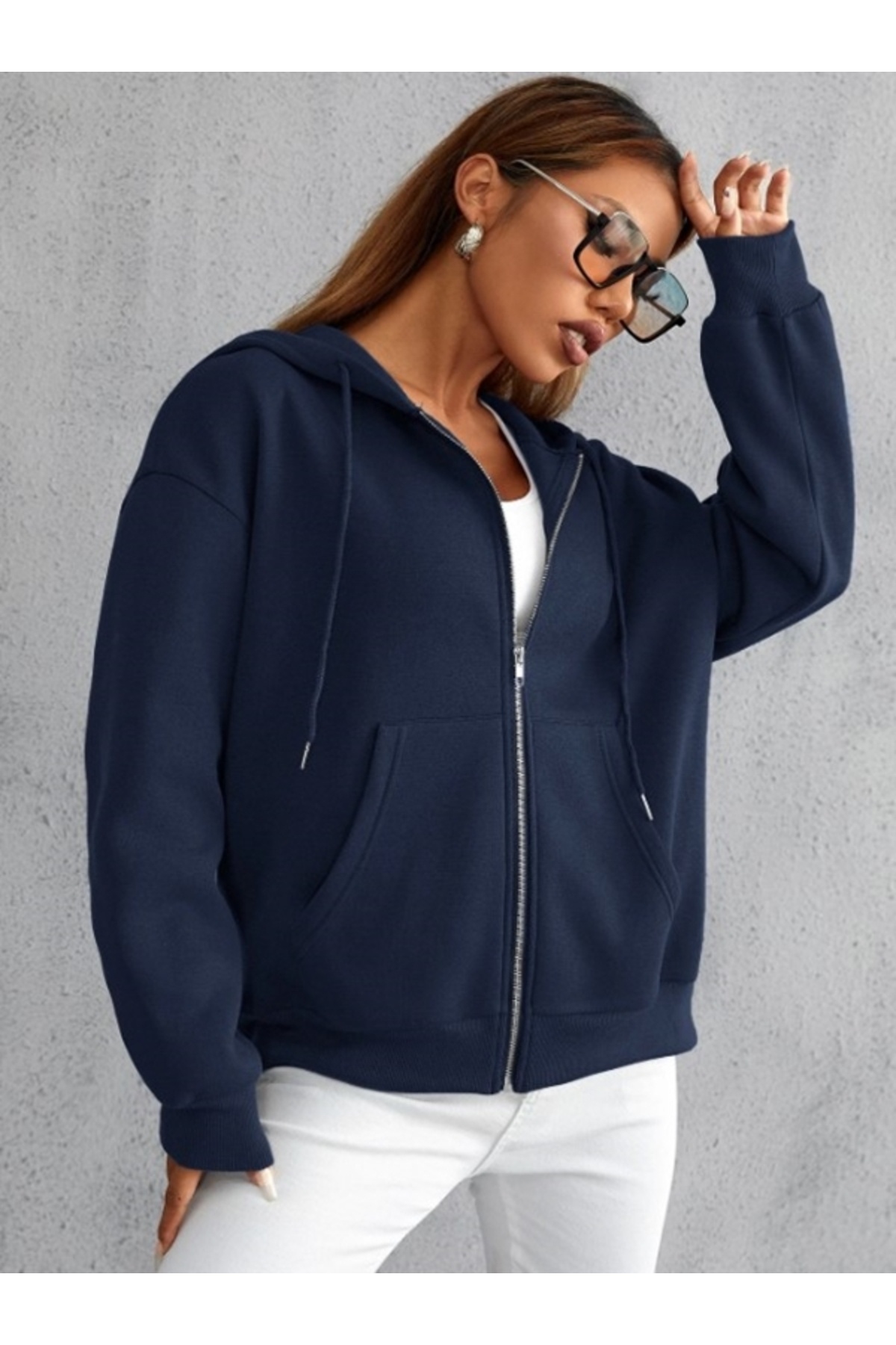 pandy Unisex 2 İplik Şardonlu Kanguru Cepli Kapüşonlu Fermuarlı Hırka / Sweatshirt görsel 2