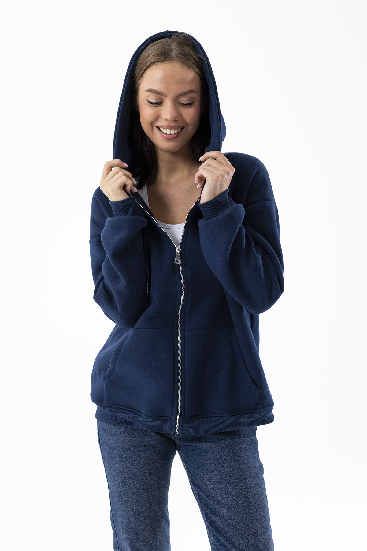 GİYSA Kadın Kapüşonlu Fermuarlı Şardonlu 3ip Sweatshirt Indigo - 9015 - 264401 görsel 7