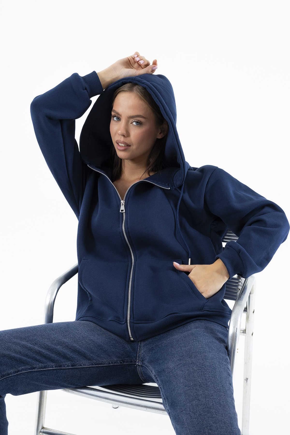 GİYSA Kadın Kapüşonlu Fermuarlı Şardonlu 3ip Sweatshirt Indigo - 9015 - 264401 görsel 3