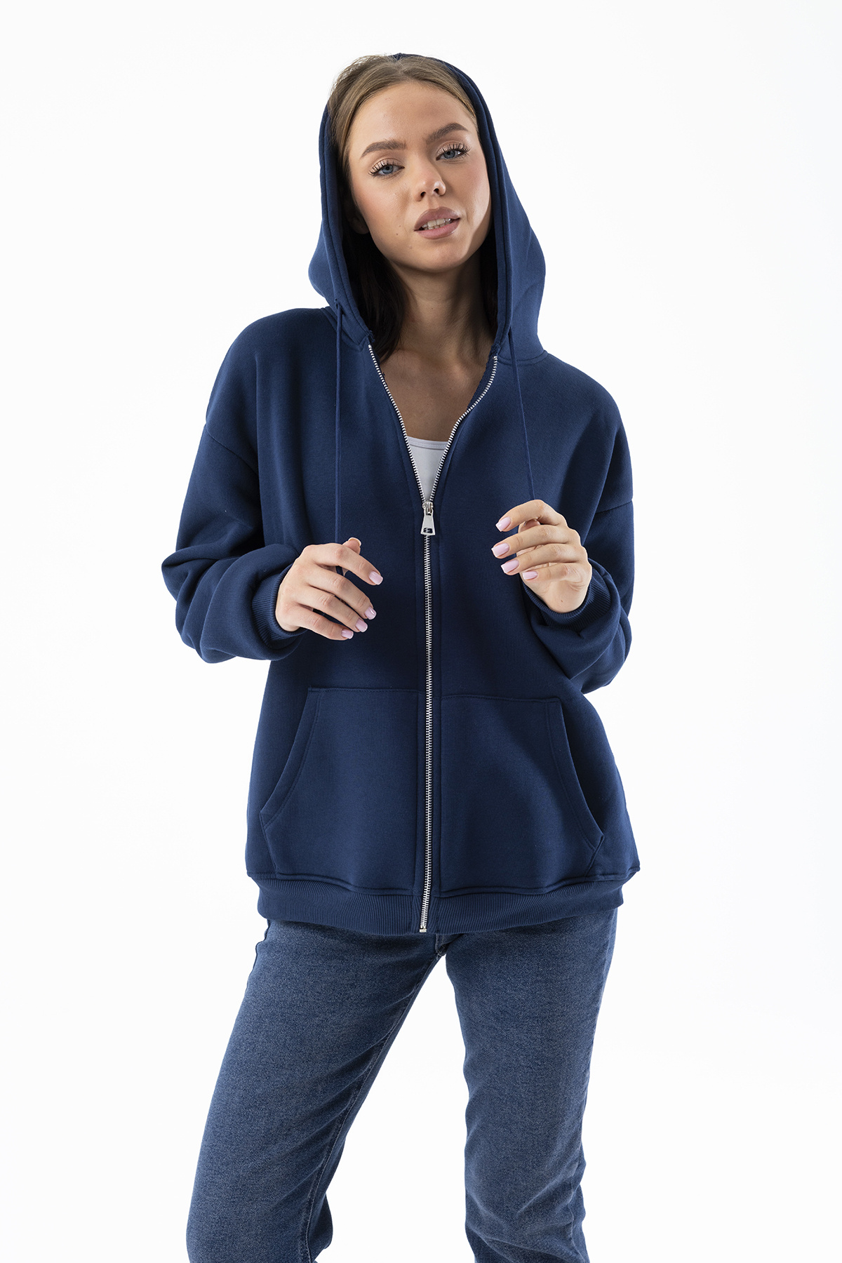 GİYSA Kadın Kapüşonlu Fermuarlı Şardonlu 3ip Sweatshirt Indigo - 9015 - 264401 görsel 4