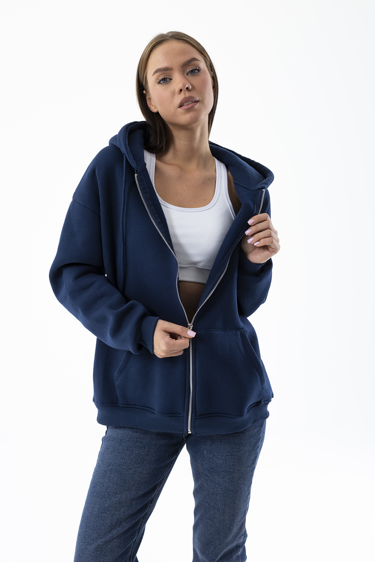 GİYSA Kadın Kapüşonlu Fermuarlı Şardonlu 3ip Sweatshirt Indigo - 9015 - 264401 görsel 2