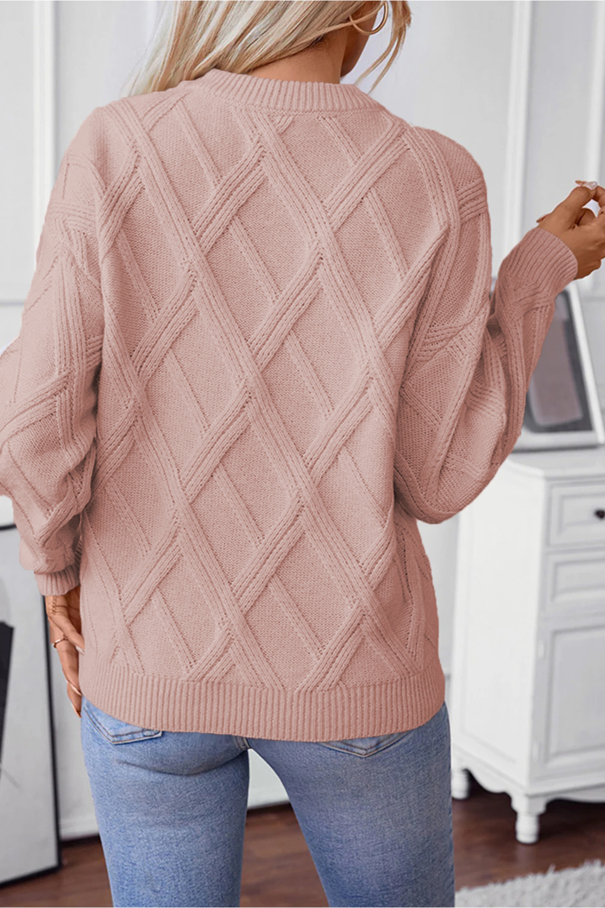 AQE FASHION  Kadın Pudra Triko Kazak Yuvarlak Yaka Uzun Kollu Örgü Desenli Modern Kışlık - Görsel 5