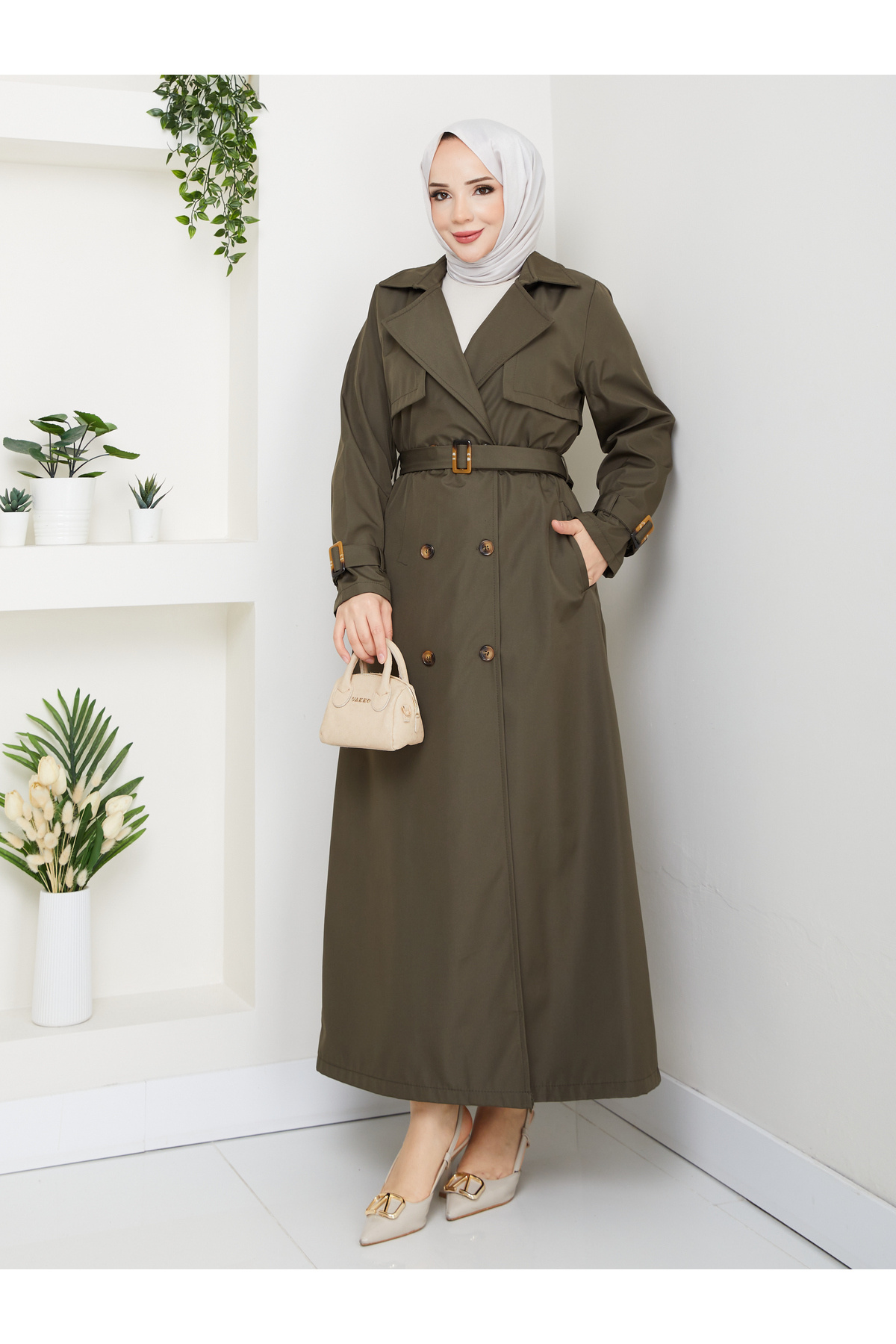 RACE FASHİON Tesettürlü Su Geçirmez Kruvaze Yaka Kemerli Tam Boy Trençkot RC1403056