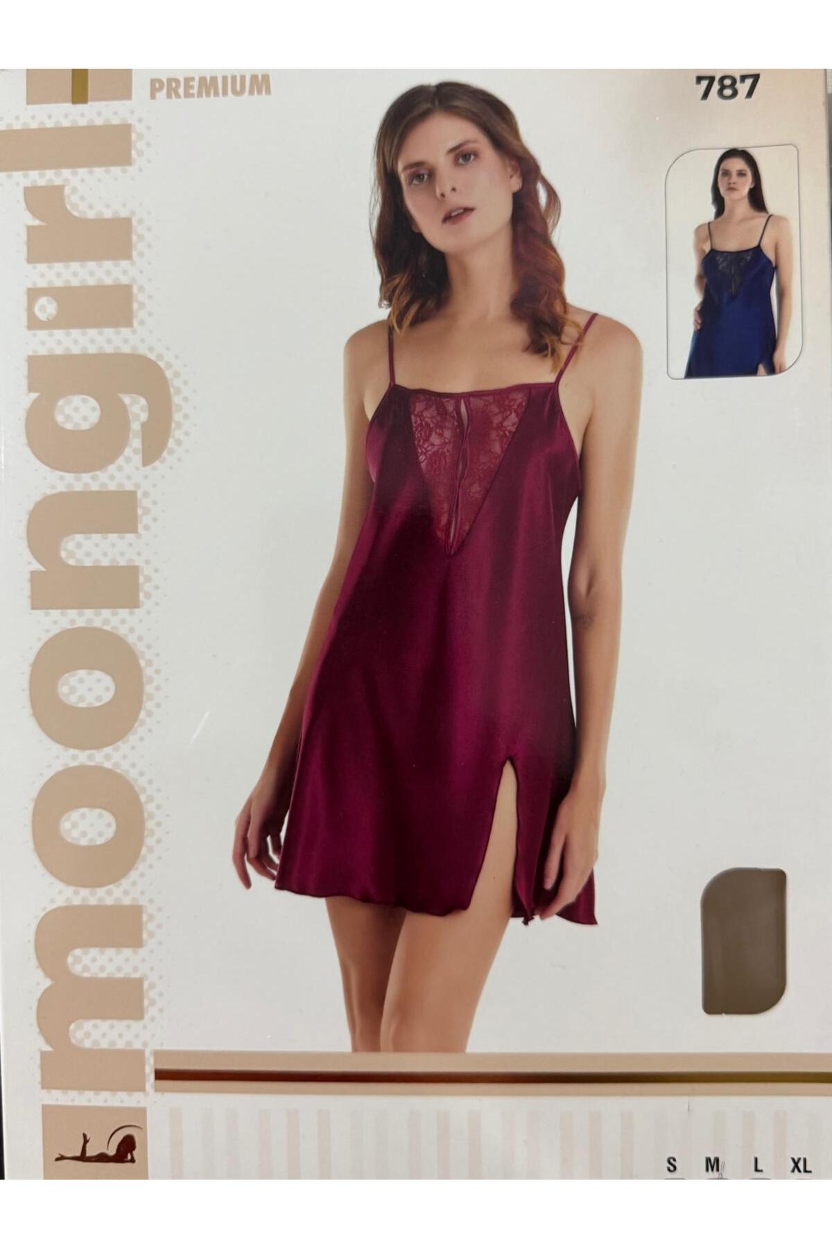 MOONGRİL Gecelik Dantel Detaylı Askılı Yırtmaçlı Kısa Saten