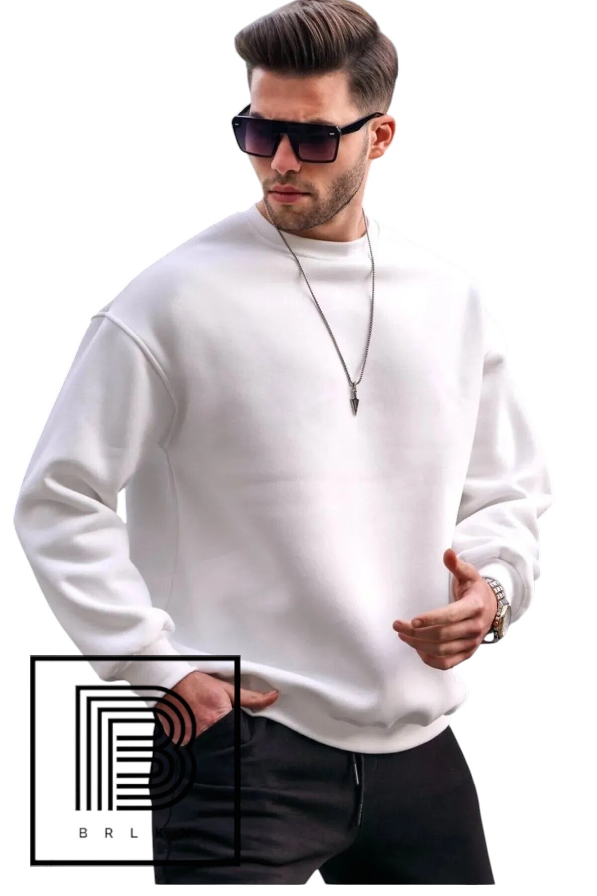 Ekru Bisiklet Yaka Oversize Şardonlu Basic Erkek Sweatshirt TR4477 — اکرو — تصویر 2 از 5