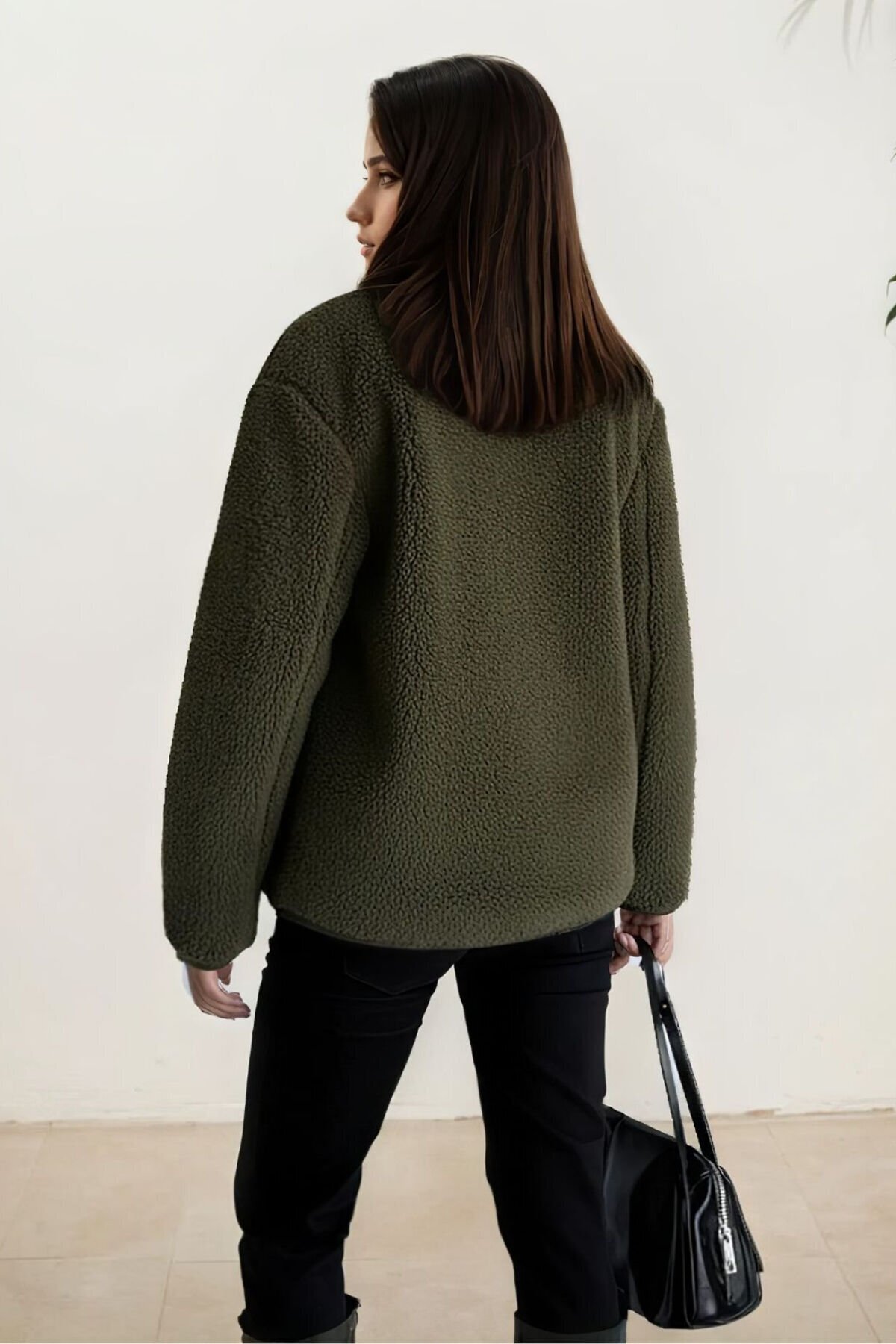 hiramir  Peluş Deri Biyeli Çoban Düğmeli Mont Haki KS2504 - Görsel 2