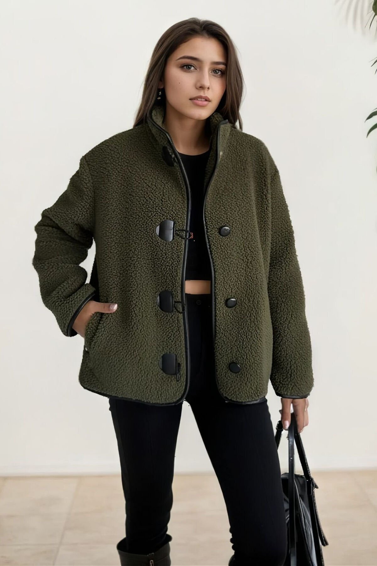 hiramir  Peluş Deri Biyeli Çoban Düğmeli Mont Haki KS2504 - Görsel 7