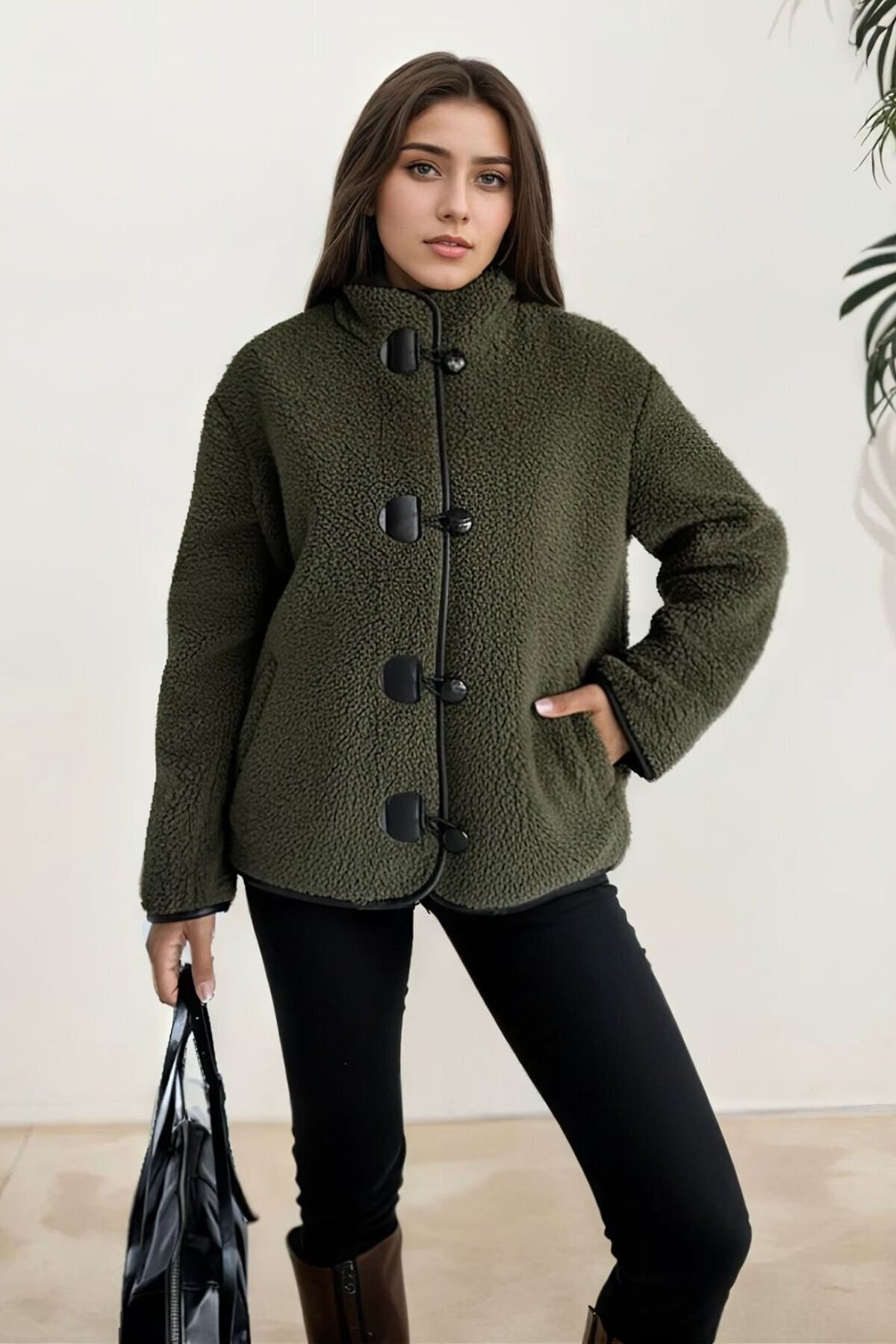 hiramir  Peluş Deri Biyeli Çoban Düğmeli Mont Haki KS2504