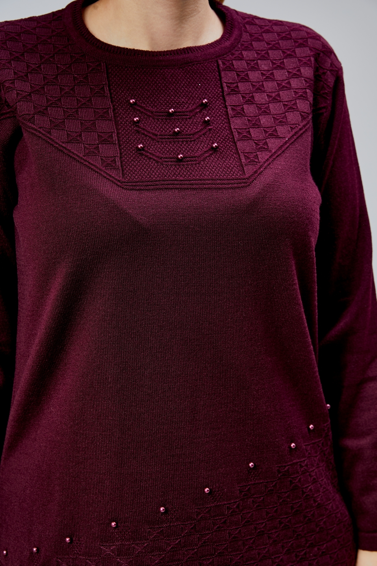 Jinx Wear Fashion  Kadın Triko Yaka İnci Detay Kışlık Orta Yaş Günlük Anne Bluz Kazak - Görsel 5