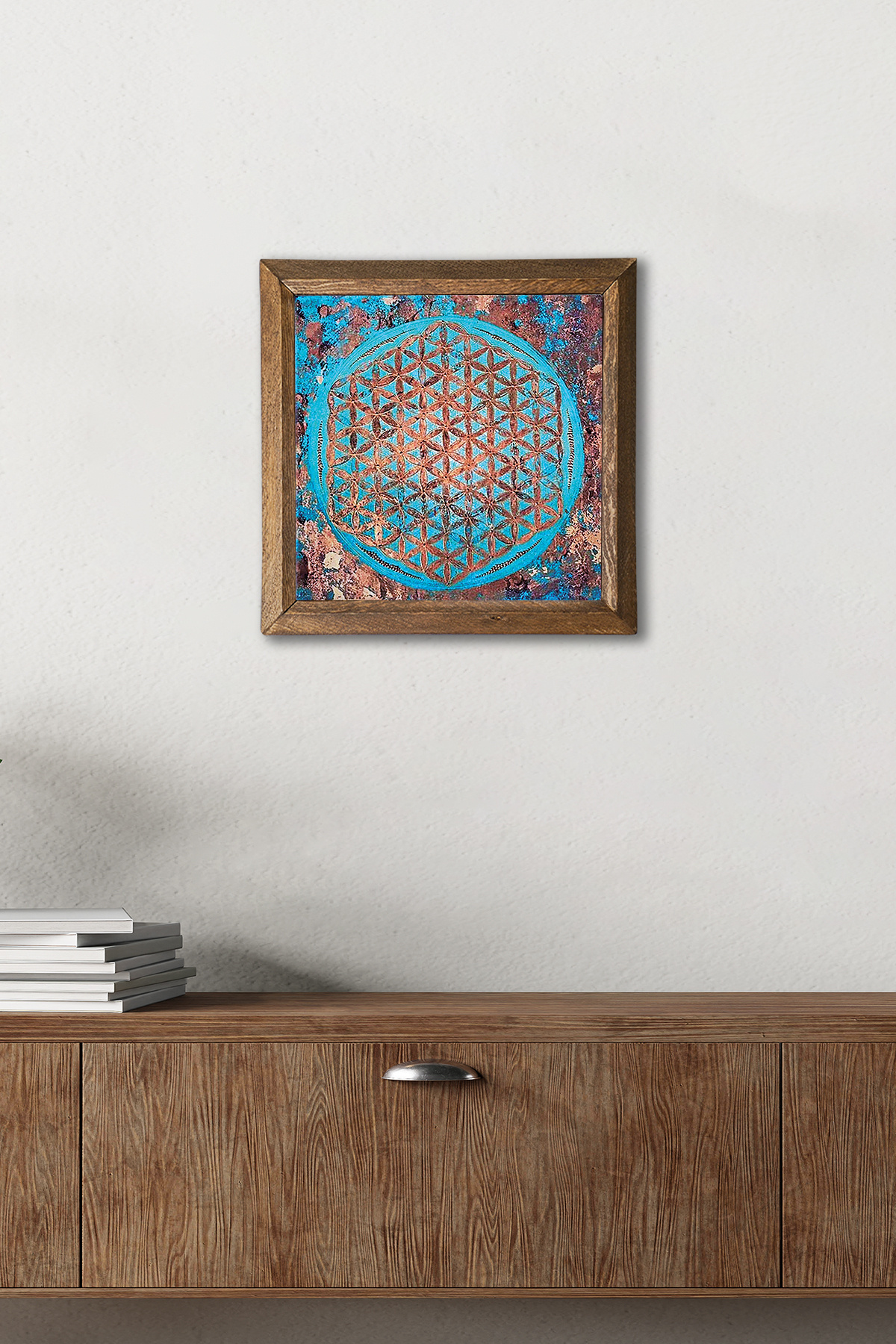 Flower of Life Wooden Framed Stone Wall Table – 25x25 cm Decorative Home and Office Decor | W1-190 |