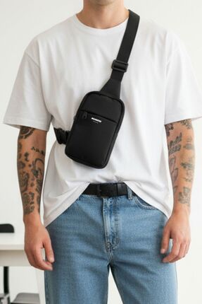 Outlet Çarşım Düz Siyah Iki Bölmeli Çapraz Omuz Erkek Çanta Göğüs Çantası Bod...