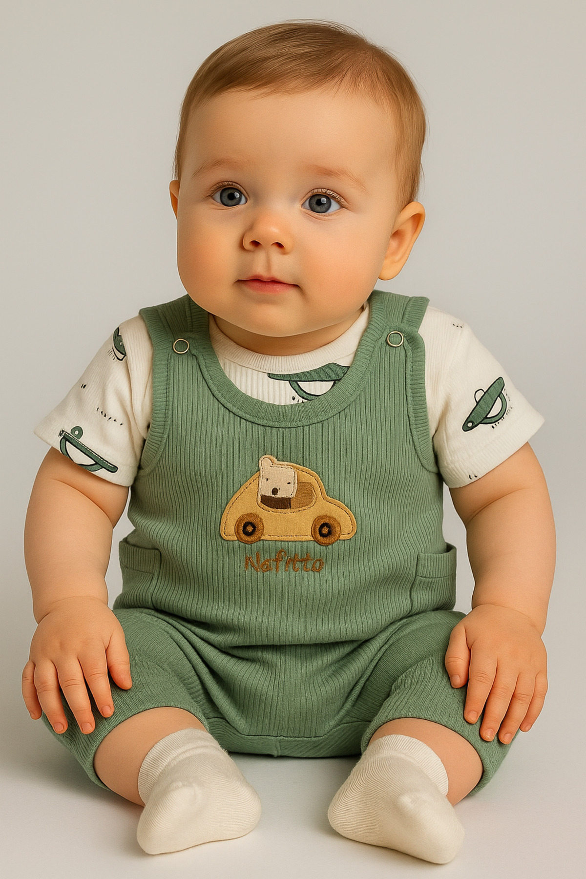 Summer Car Embroidered Baby Boy Jumpsuit Set - 3-Piece Outfit Combination (Jumpsuit + Bodysuit + Socks) |