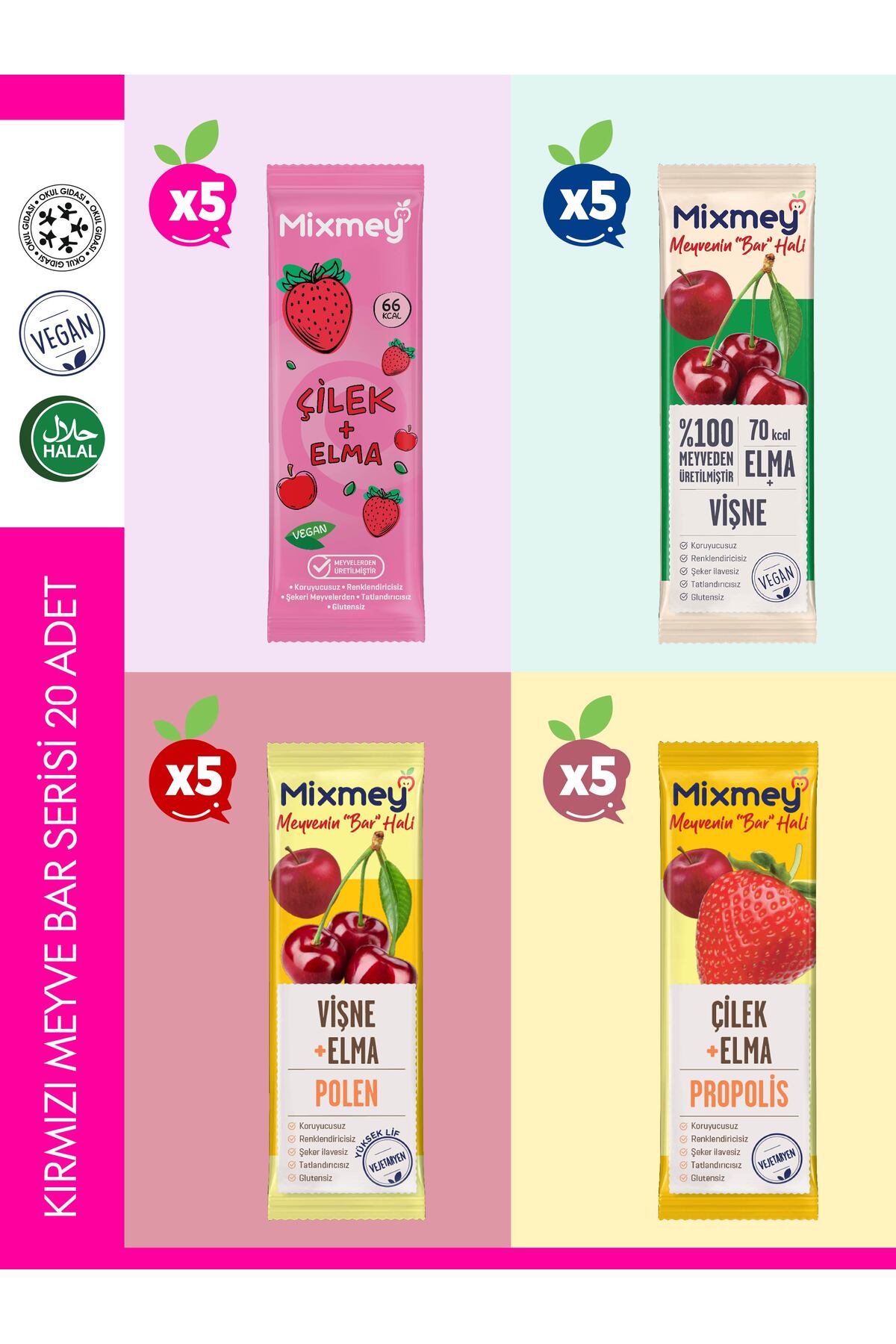 Mixmey Kırmızı Meyve Bar Serisi 20 Adet | Sağlıklı Atıştırmalıklar