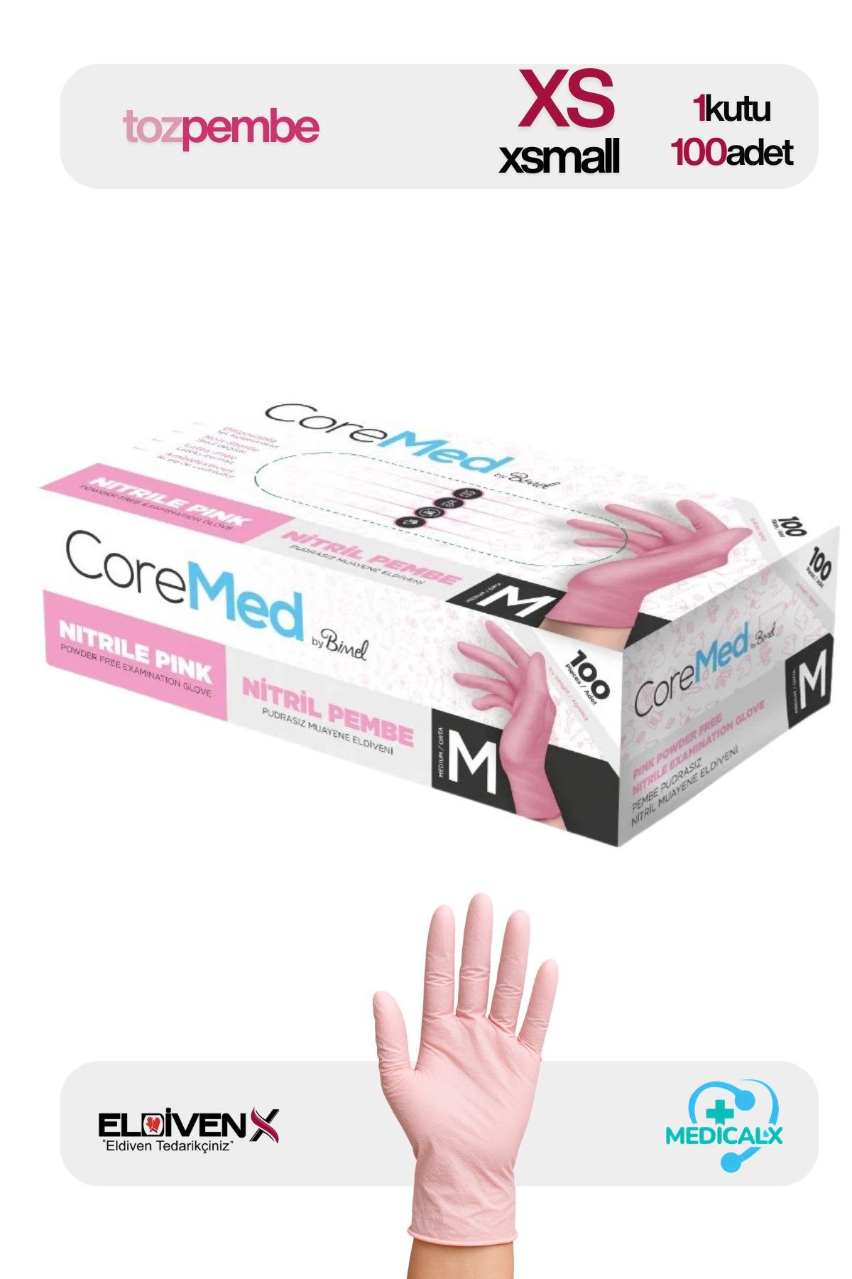 Medicalx Toz Pembe Nitril Muayene Eldiveni Pudrasız 100’lü Paket - Xsmall
