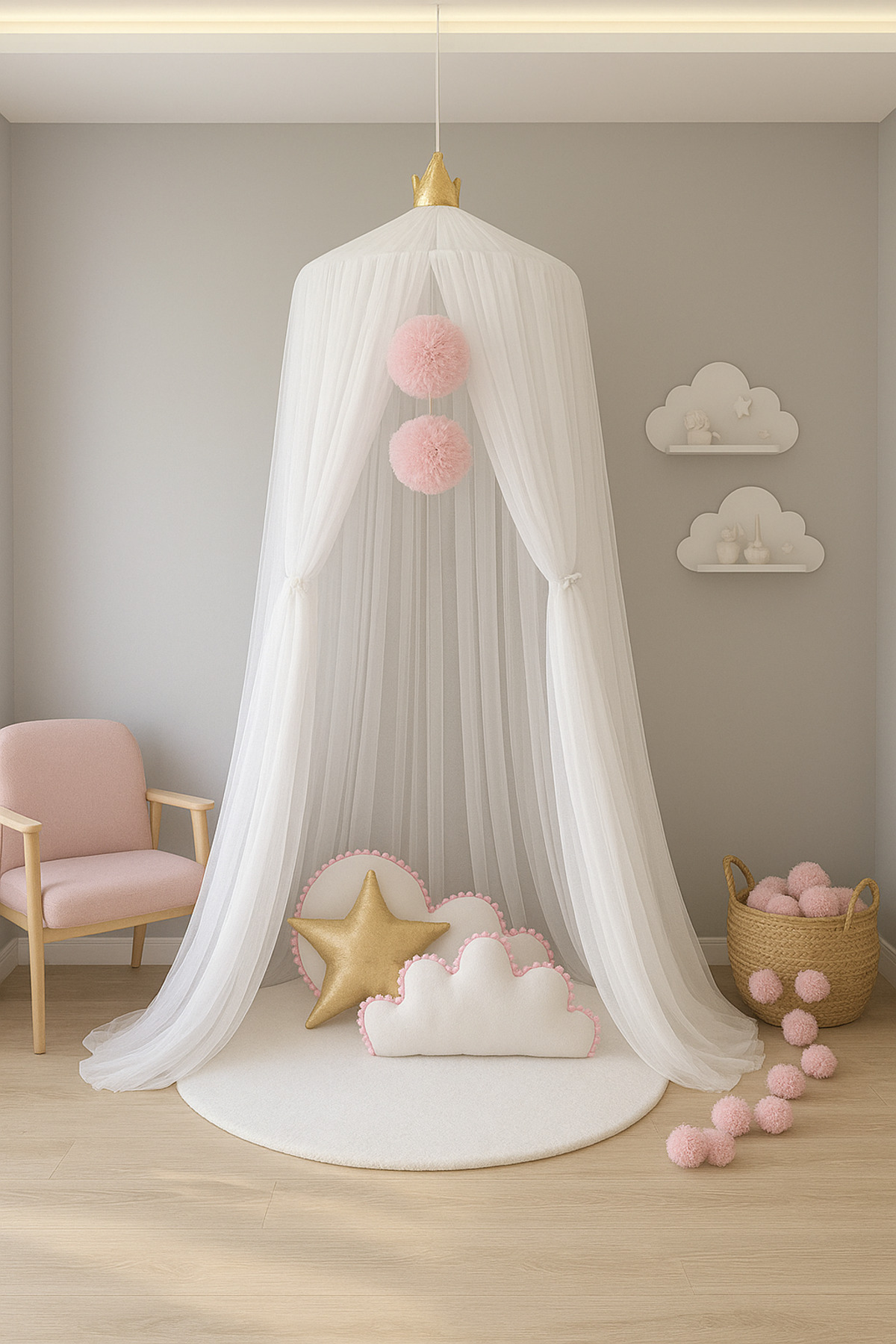 Bila Baby STQUEEN BEYAZ TÜL PEMBE PONPONLU CİBİNLİK (2 ADET BÜYÜK PONPONLU)