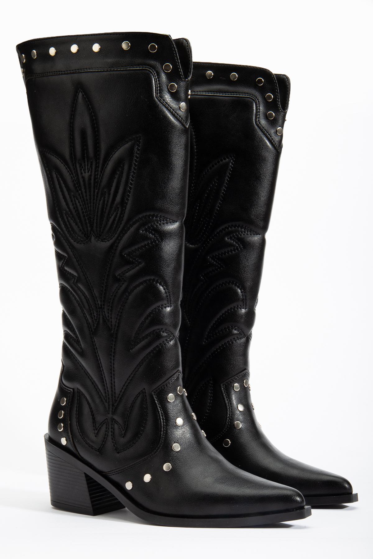 DENORA  Siyah Mat Deri Nakışlı Zımbalı Sivri Burun Kovboy Western Bot Çizme - Görsel 3