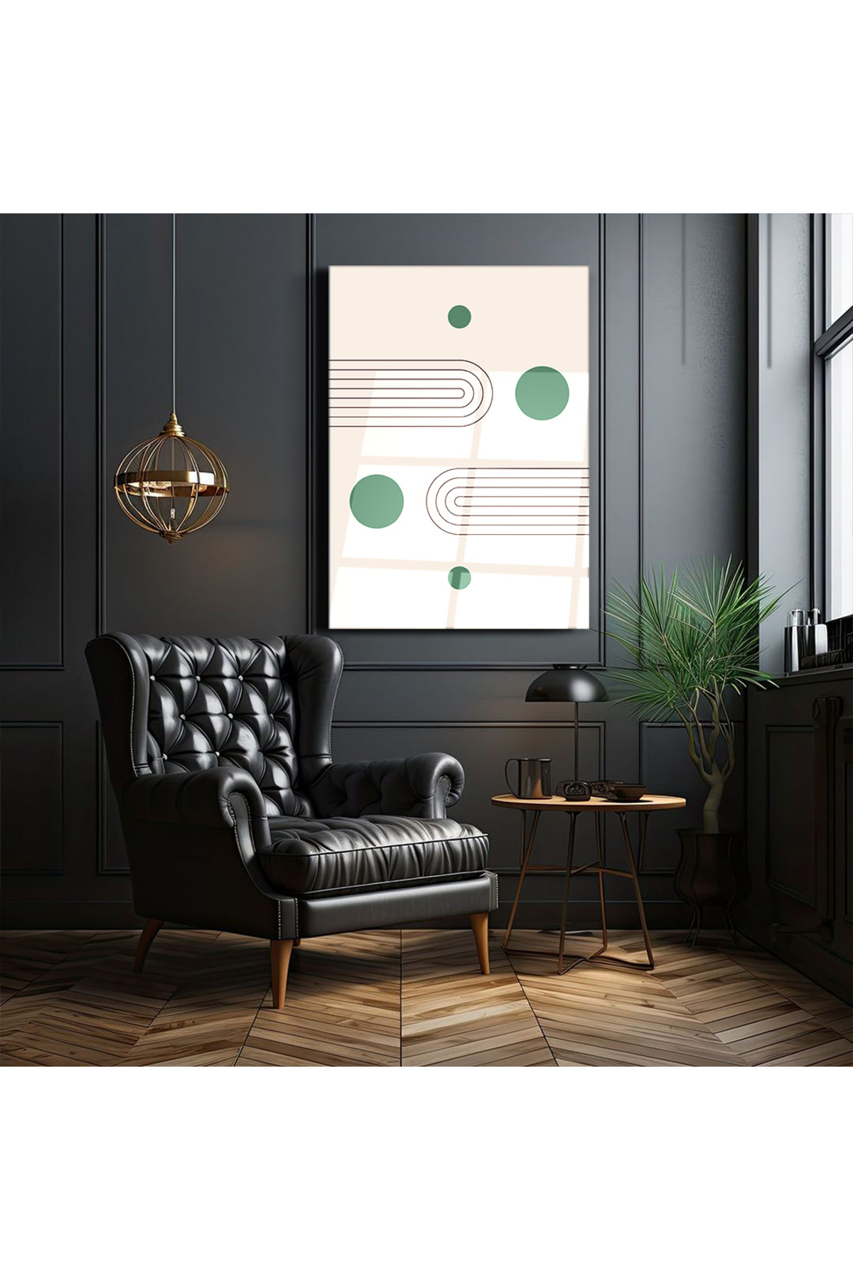 Boho Tarzı Modern Geometrik Deseni Yeşil Cam Tablo - Estetik ve Şık | Cam Tablo-Ev-Ofis Sanatı