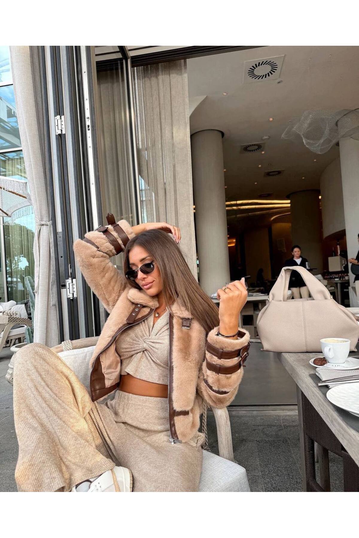 Lined coat with imported fur and leather trim - s m l xl
