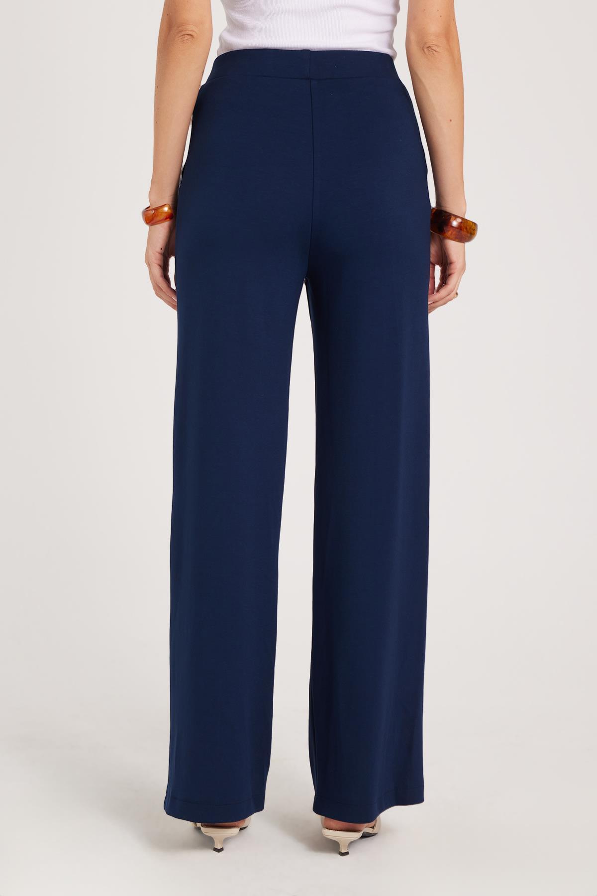 Tudors  Kadın Relax Fit Rahat Kesim Modal Kumaş Yüksel Bel Geniş Paça Lacivert Pantolon - Görsel 8