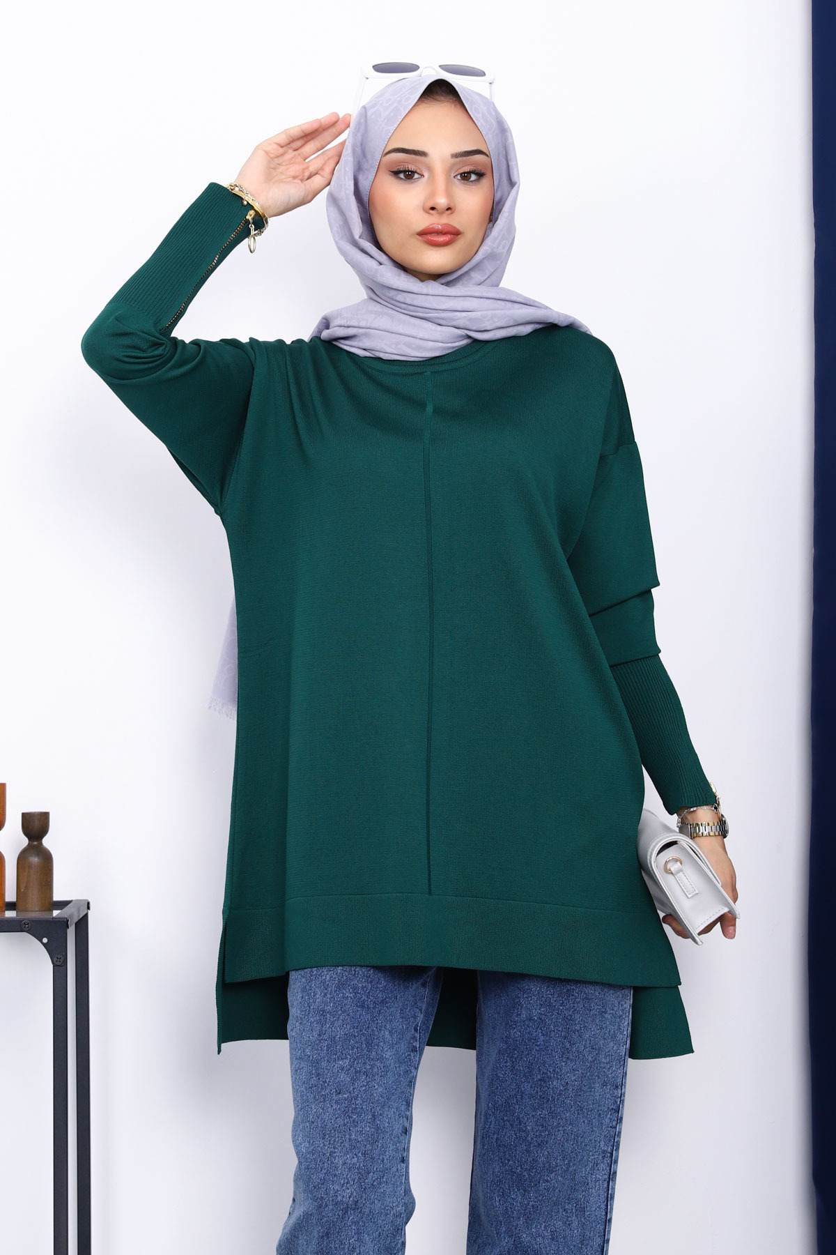 İmajButik Zümrüt Yeşili Kol Fermuarlı Soğuk İplik Triko Tunik