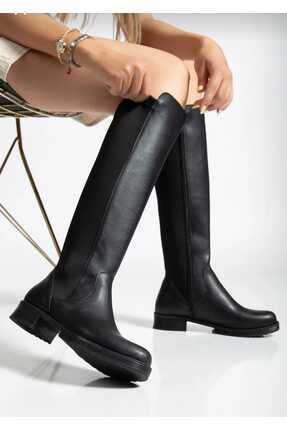 ALFHA Kadın Siyah Uzun Çizme Diz Altı, Rahat Kaymaz Taban, Kışlık Şık Deri Gö...