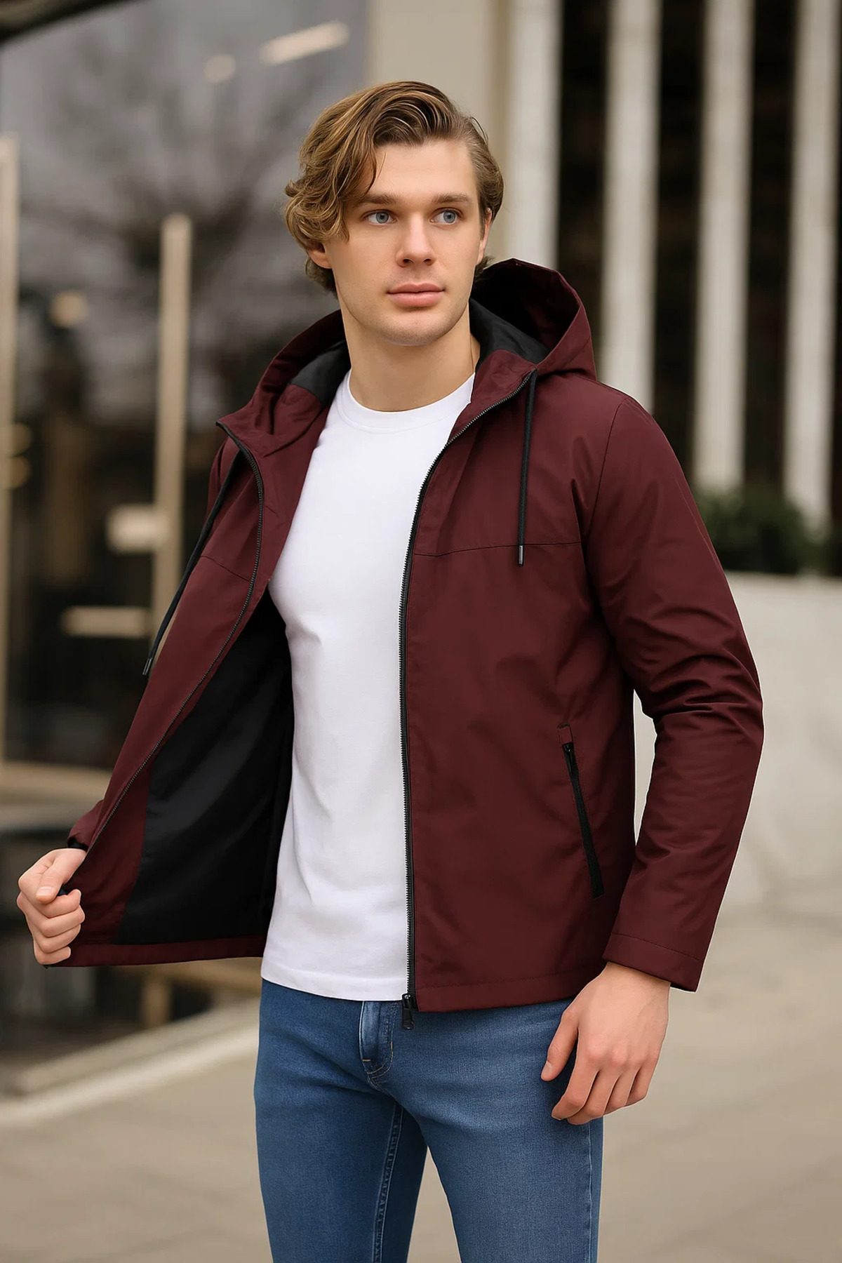 comstar  Erkek Astarlı Kapşonlu Bordo Rüzgarlık & Yağmurluk - Görsel 2