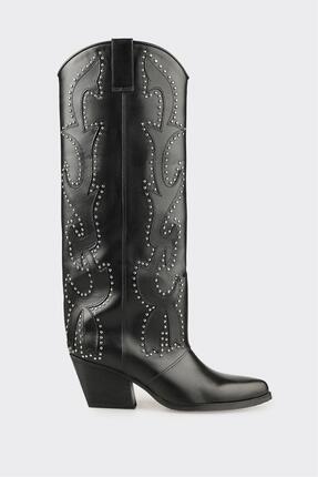Elle Siyah Deri Kadın Western Çizme