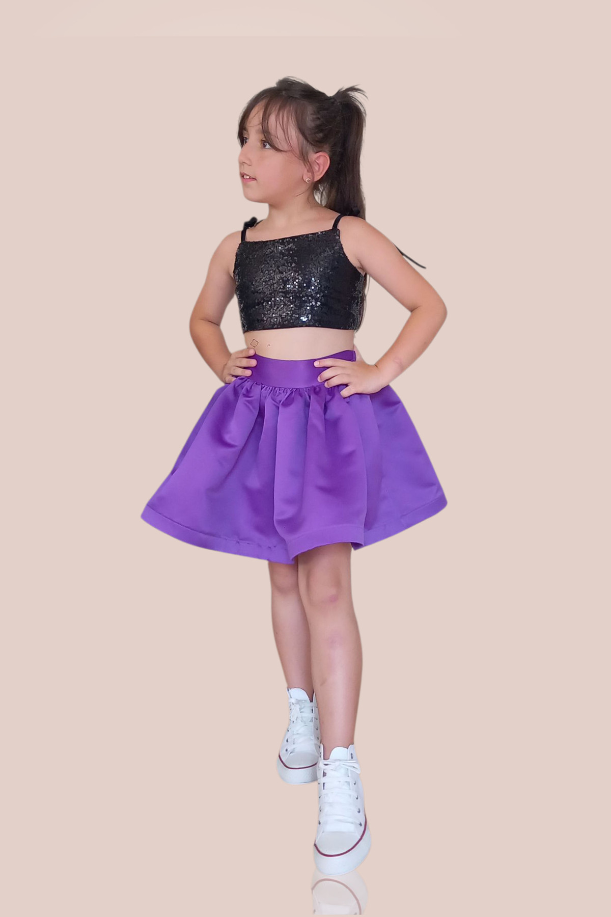 GİST KIZ ÇOCUK SİYAH ARKADAN BAĞLAMALI ASKILI PULLU CROP MOR SATEN ETEK ABİYE TAKIM