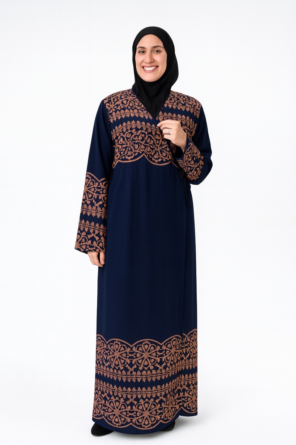 Bilenler Geometrik Desenli Kruvaze Namaz Elbisesi – Yandan Bağlamalı, Rahat Kalıp 36–46 Beden