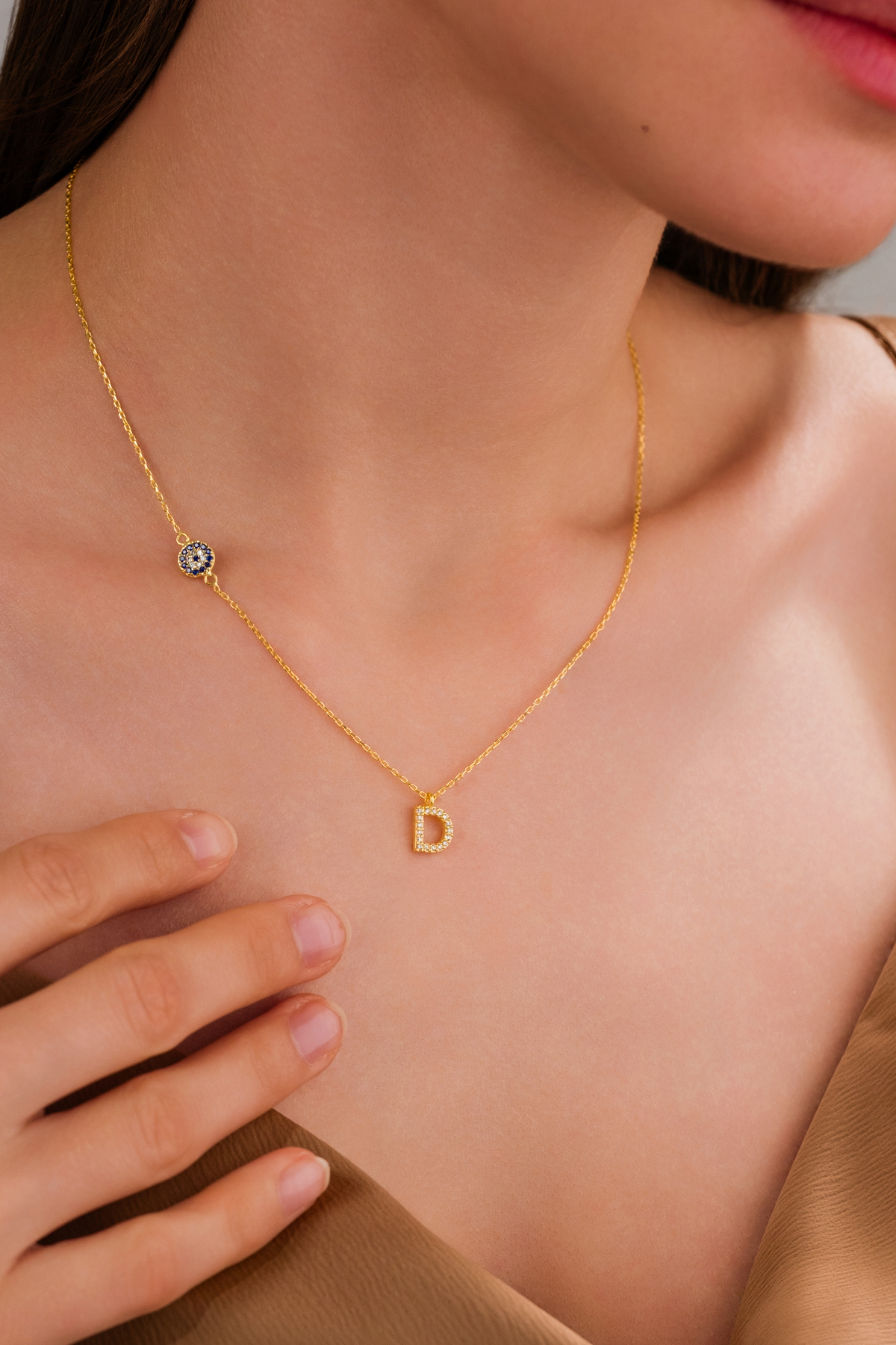 ZAHAP GOLD Nazar Detaylı 925 Gümüş Kişiye Özel Harf Kolye - D Harfli Kolye görsel 2