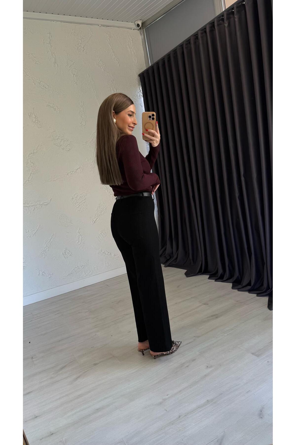 elif teke  Likralı Kendinden Kemerli Jean Siyah - Görsel 4